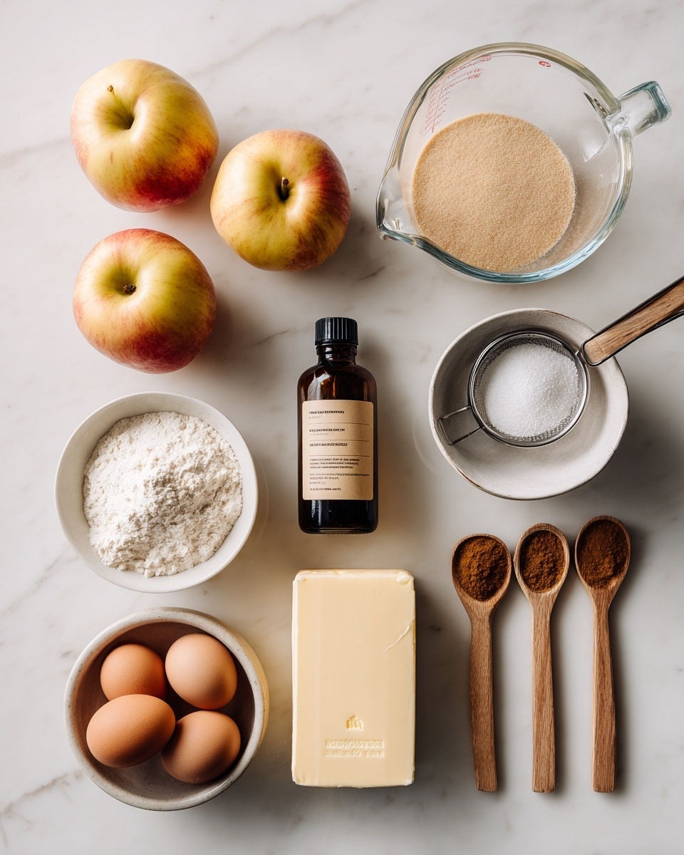 The image shows a neatly arranged set of ingredients on a white marbled surface. There are three yellow-red apples with some blush on the skin placed near the top left. A clear glass measuring cup with a light brown powder inside sits beside the apples. To the right, there is a small white bowl filled with granulated white sugar. Near the bottom left, two brown eggs rest in a small white bowl. Just above them, a dark amber glass bottle with a black cap and label sits in place. A small wooden sieve with a fine mesh is placed beside the bottle. A rectangular block of butter with text on its wrapper is on the right side. In the bottom left corner, a larger white bowl filled with white flour completes the setup. On the lower right side, three wooden spoons of different sizes hold brown spices or powder, arranged from large to small. photo taken with an iphone --ar 4:5 --v 7