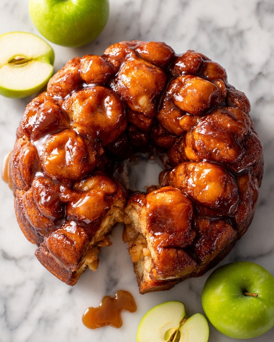 The image shows a round monkey bread made of many small, soft dough balls coated in a shiny, sticky caramel glaze with dark brown cinnamon swirls. The monkey bread has one opening showing soft inside dough pieces mixed with small apple chunks coated in cinnamon. The monkey bread sits on a white marbled surface with three green apple slices around it, two whole slices on the right side and one quartered slice on the left side. Photo taken with an iphone --ar 4:5 --v 7
