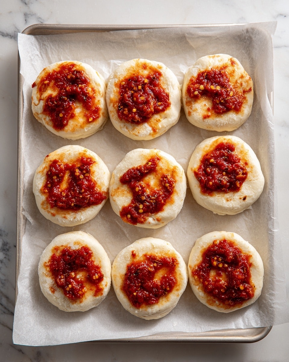 The image shows eight small round pieces of dough arranged in two rows of four on a baking sheet lined with white parchment paper. Each dough piece has one layer only, which is topped with a spread of red tomato sauce that looks thick and chunky with visible small bits of herbs and spices. The dough underneath is light pale beige with a slightly rough texture around the edges. The baking sheet is placed on a white marbled surface. photo taken with an iphone --ar 4:5 --v 7