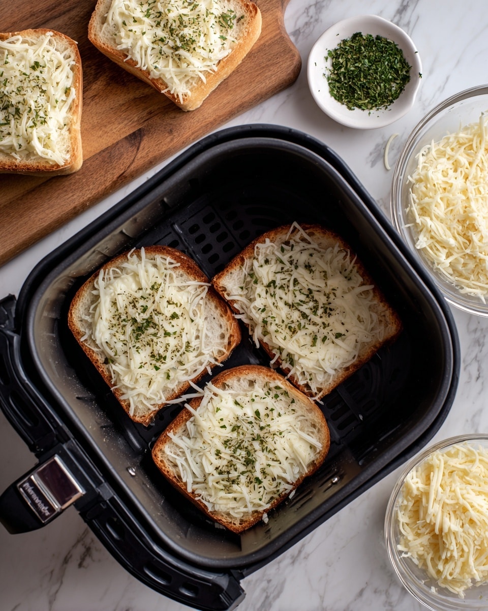 The image shows four slices of bread inside a black air fryer basket, each slice topped with a layer of shredded mozzarella cheese and green dried herbs sprinkled on top. Two more slices of bread with the same cheese and herbs are placed on a wooden board to the top left, next to a small white bowl filled with more green herbs. On the right side, there is a clear glass bowl filled with shredded cheese. The scene is set on a white marbled surface. Photo taken with an iphone --ar 4:5 --v 7