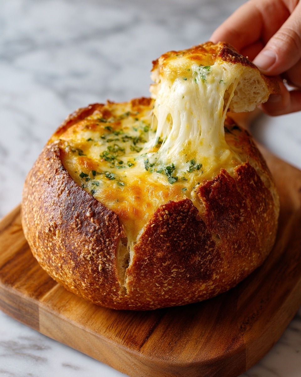 The image shows a golden brown, round bread bowl with a crusty texture on a wooden board. The bread is filled with melted yellow cheese mixed with some green herbs. A woman's hand is pulling the edge of the bread, stretching the gooey melted cheese. The background and surface have a white marbled look. photo taken with an iphone --ar 4:5 --v 7