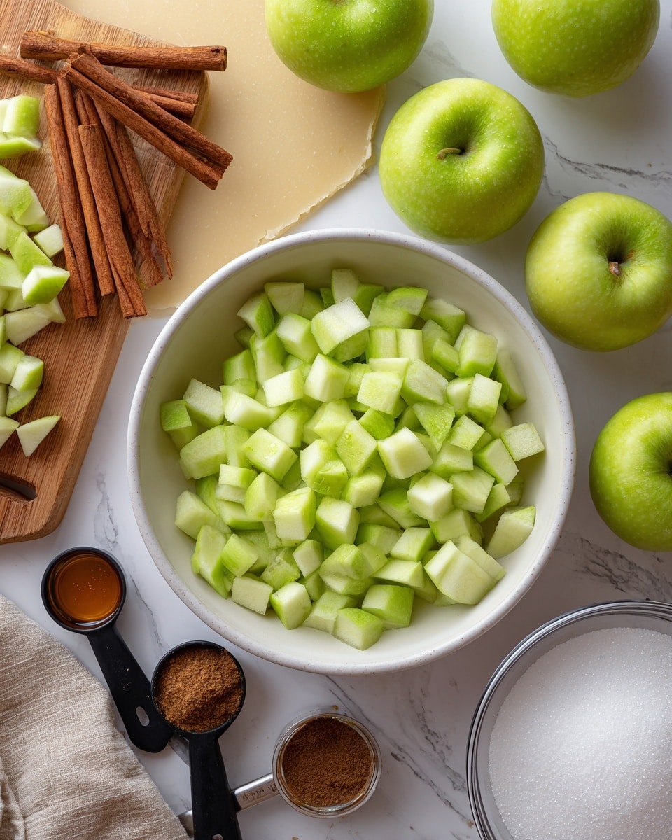 A white bowl filled with small, light green apple cubes sits near the center on a white marbled surface. Around it are three whole light green apples positioned to the right and top left. A beige dough sheet lies on the left edge. Above the bowl, pieces of chopped apples rest on a wooden cutting board. Nearby, three brown cinnamon sticks are stacked in two small groups. A cluster of three black measuring spoons (one with cinnamon powder, one with vanilla extract, and one with brown sugar) is arranged near the center. To the right of these spoons is a clear glass bowl filled with white granulated sugar. The composition shows ingredients for an apple dessert laid out neatly. photo taken with an iphone --ar 4:5 --v 7