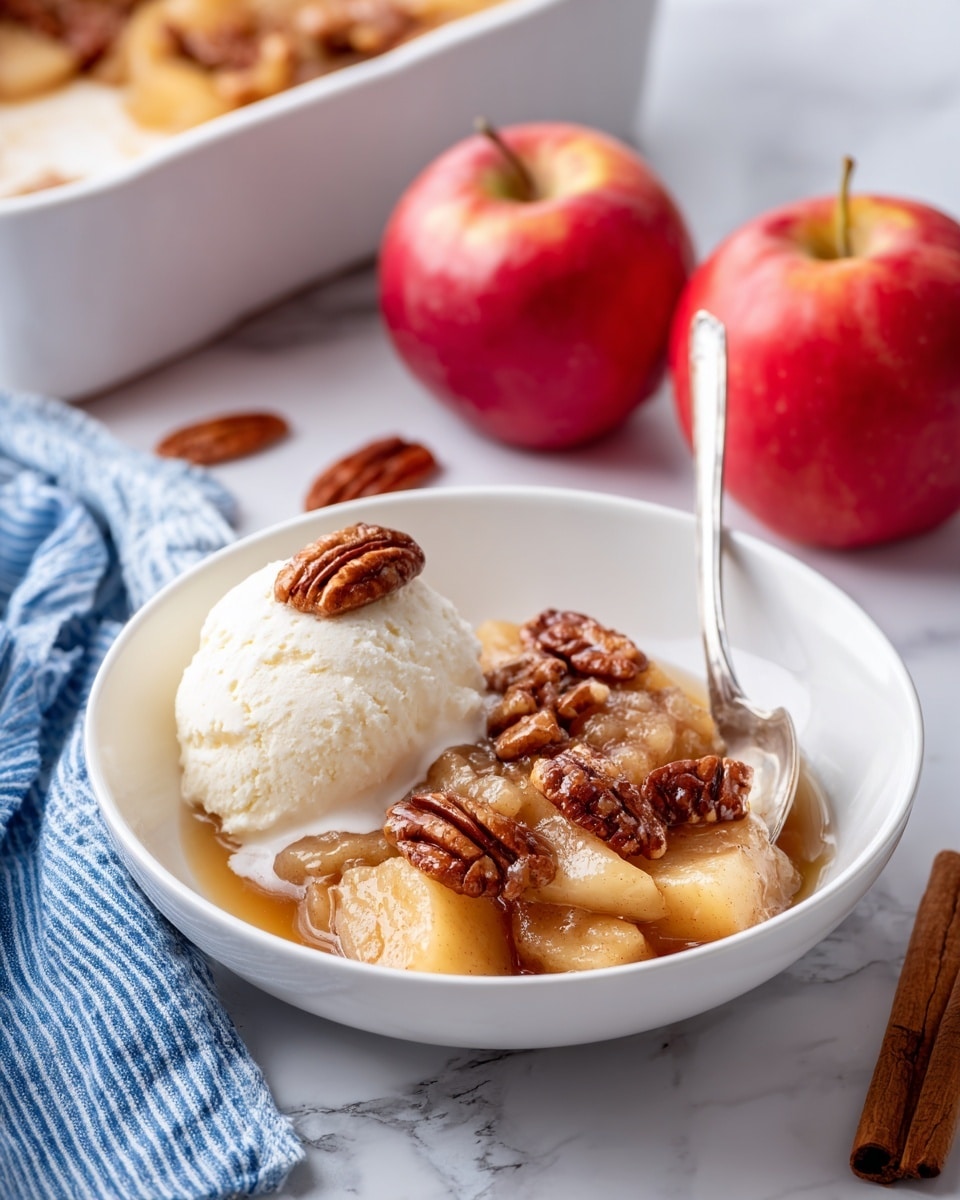 A white bowl filled with three layers: the bottom layer has warm, soft cooked apple pieces in a golden brown syrup with a glossy texture; scattered unevenly on top are dark toasted pecan halves adding a slightly rough texture; the third layer is a scoop of smooth white vanilla ice cream sitting on one side of the bowl, topped with a small pecan half. A silver spoon is placed inside the bowl. Next to the bowl on a white marbled surface are two red apples, a cinnamon stick, and part of a white baking dish with more cooked apples visible at the top left. A blue and white striped cloth partially lies beside the bowl photo taken with an iphone --ar 4:5 --v 7