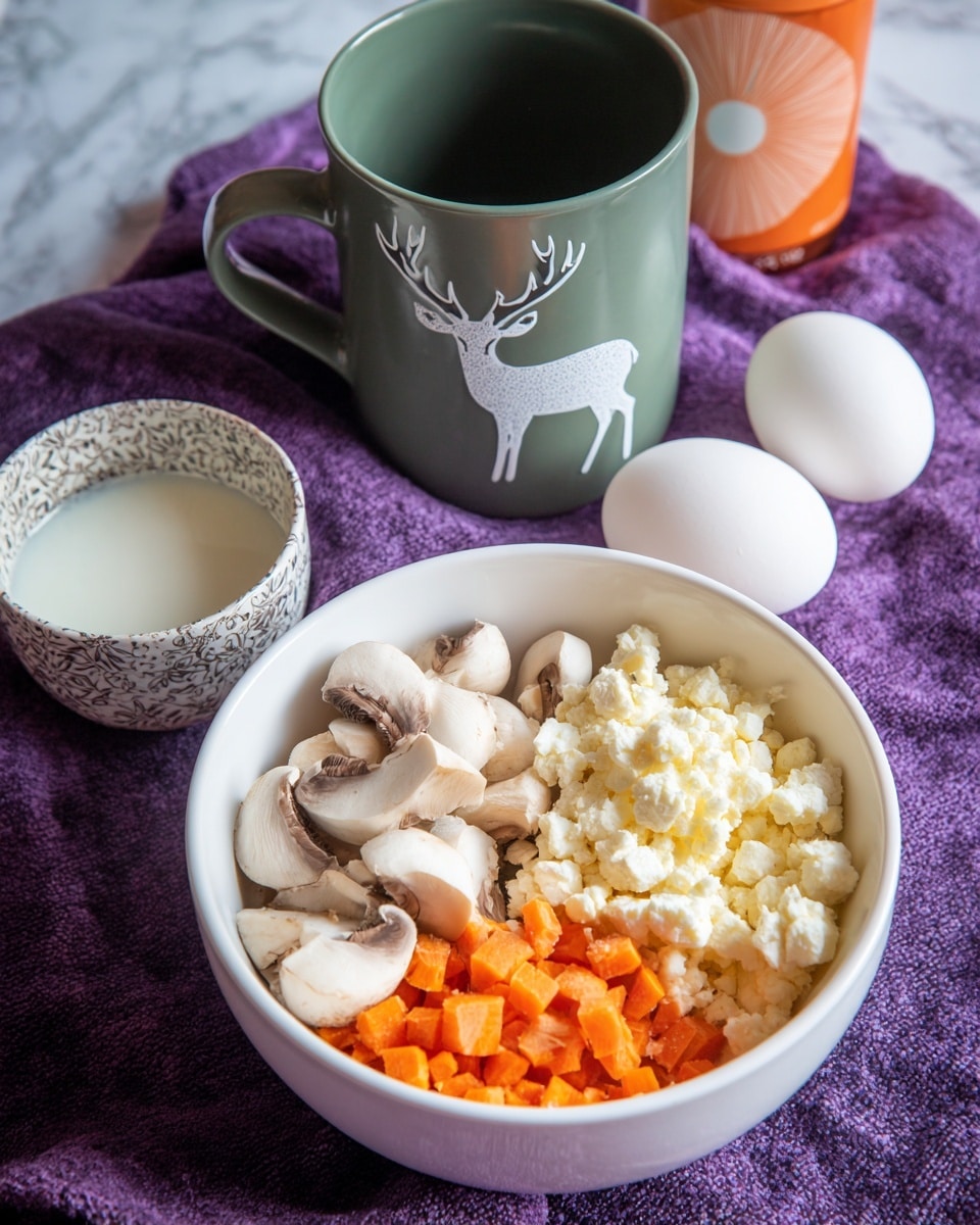 The image shows a white bowl with three separate layers inside: chopped white mushrooms on the left, white crumbled cheese on the right, and small orange carrot pieces at the bottom center. To the right of the bowl are two whole white eggs placed on a white marbled surface. In the front left of the bowl is a small patterned bowl filled with white liquid, and behind the bowl are a green mug with a white deer print and a can with an orange circle design, all set on a purple textured cloth. Photo taken with an iphone --ar 4:5 --v 7
