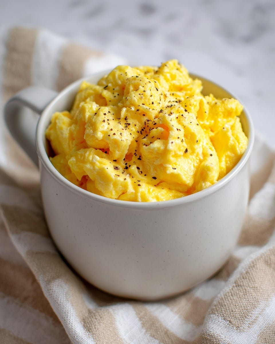 A white cup filled with bright yellow scrambled eggs, fluffy and soft in texture, piled high inside the cup. The eggs have small curds and are sprinkled with black pepper on top for contrast. The cup sits on a white marbled surface next to a beige and white striped cloth. The lighting highlights the creamy and slightly shiny texture of the eggs. Photo taken with an iphone --ar 4:5 --v 7