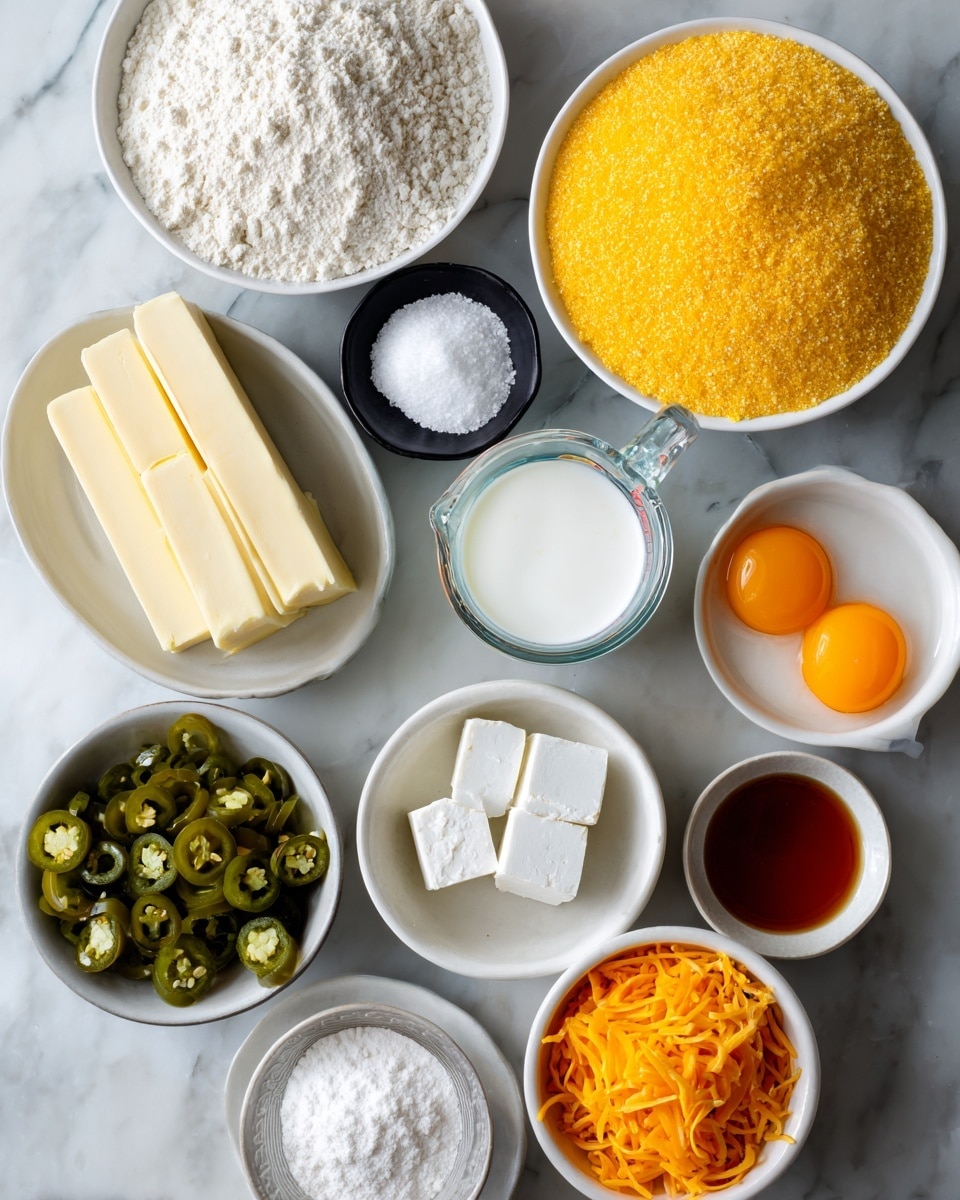 The image shows an overhead view of various white bowls and small black dishes arranged on a white marbled surface. There are two larger white bowls filled with yellow cornmeal and white flour, placed near the top. Below the cornmeal, a small black dish holds salt, and under the flour, another small black dish contains baking powder. At the center, a clear glass measuring cup contains buttermilk. To the right of the buttermilk, a white bowl has two cracked eggs showing bright orange yolks and transparent whites. Below the eggs, a white bowl holds two rectangular pale yellow butter sticks. Next to the black dish with baking powder, another white bowl contains white sugar, and below it, a white bowl holds orange-red honey. To the bottom right, a white bowl is filled with grated cheddar cheese with its bright orange strands visible. The bottom left corner features a white bowl filled with green sliced jalapenos. Each ingredient is labeled in black boxes with white text above or beside them. Photo taken with an iphone --ar 4:5 --v 7