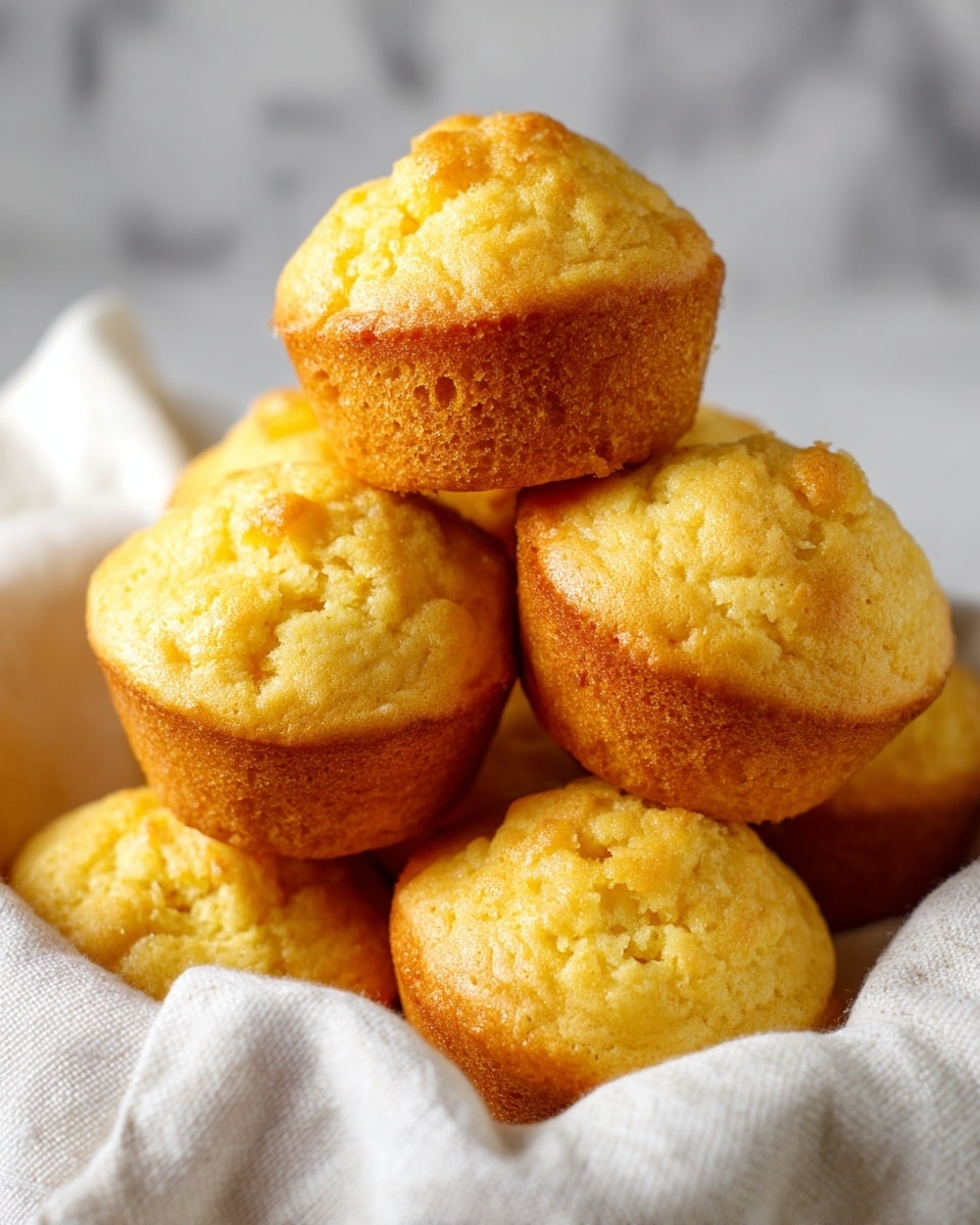 A close-up of a stack of small golden-yellow muffins with a slightly rough texture on top, arranged closely together on a white cloth inside a white bowl. The muffins have a light, fluffy look with smooth rounded tops and some small cracks showing their soft inside. The background is a white marbled texture. Photo taken with an iphone --ar 4:5 --v 7