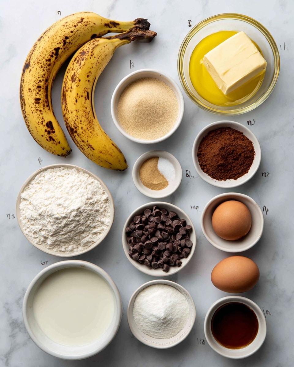 The image shows ingredients laid out clearly on a white marbled surface, each labeled with small text. There are three overripe bananas with brown spots on the peel, a small glass bowl of melted yellow butter, a pile of white flour, a small bowl of light brown sugar, a small bowl of dark brown cinnamon, a few chocolate chips in a small white bowl, a small bowl of white baking powder, a tiny bowl of white sea salt, two brown eggs, a small bowl of white milk, and a small bowl of vanilla extract, all placed evenly in rows and columns. The colors range from creamy white to yellow, brown, and dark chocolate, creating a neat and organized look. Photo taken with an iphone --ar 4:5 --v 7