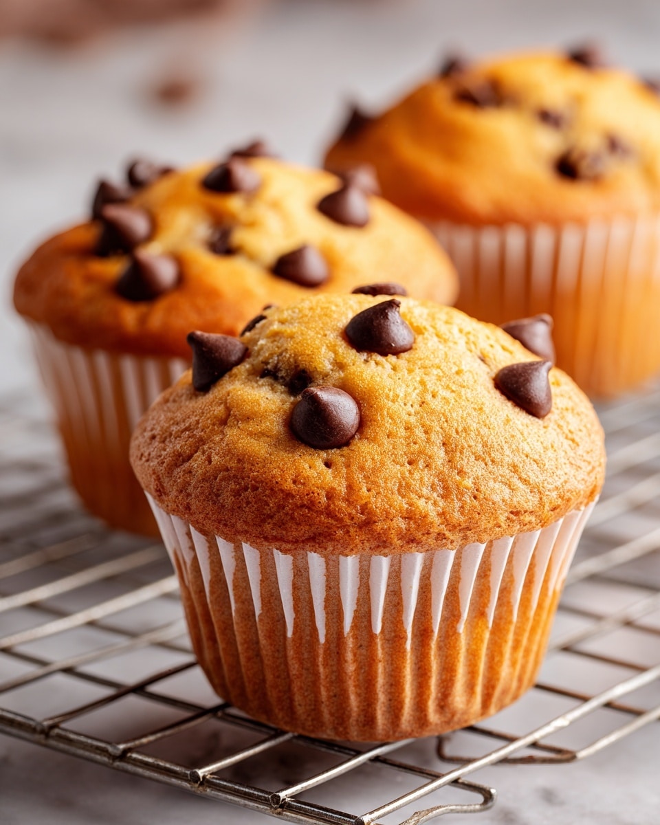 The image shows three close-up muffins placed on a wire rack above a white marbled surface. Each muffin is light brown with a soft, slightly rough texture and small cracks on the top. The tops are decorated with several shiny dark brown chocolate chips, some slightly sunken into the muffin surface. The muffins are wrapped in white paper liners with ridges that hold the muffin shape. The background is softly blurred, highlighting the details of the muffins. photo taken with an iphone --ar 4:5 --v 7