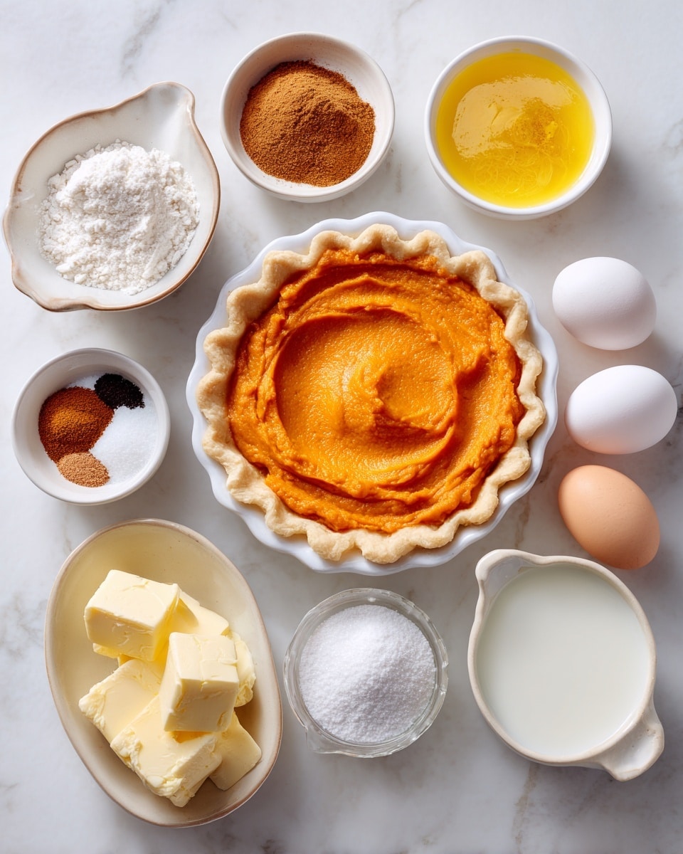 The image shows ingredients arranged on a white marbled surface for making a pie. At the bottom center, there is a white pie crust in a white pie dish with a crimped edge. Around it, there are small white bowls and dishes holding smooth bright orange sweet potato puree, a small bowl of light brown cinnamon and nutmeg powder, and a small bowl of pale yellow lemon juice and lemon zest. Nearby, a small white dish contains thick white milk, and next to it, a small dish holds golden yellow softened butter. There are also white eggs and a small bowl with dark brown vanilla, along with a bowl of white granulated sugar, all placed neatly on the surface. The colors are warm and soft, with clear textures like the smooth puree and powdered spices. The whole scene is bright and clean. photo taken with an iphone --ar 4:5 --v 7