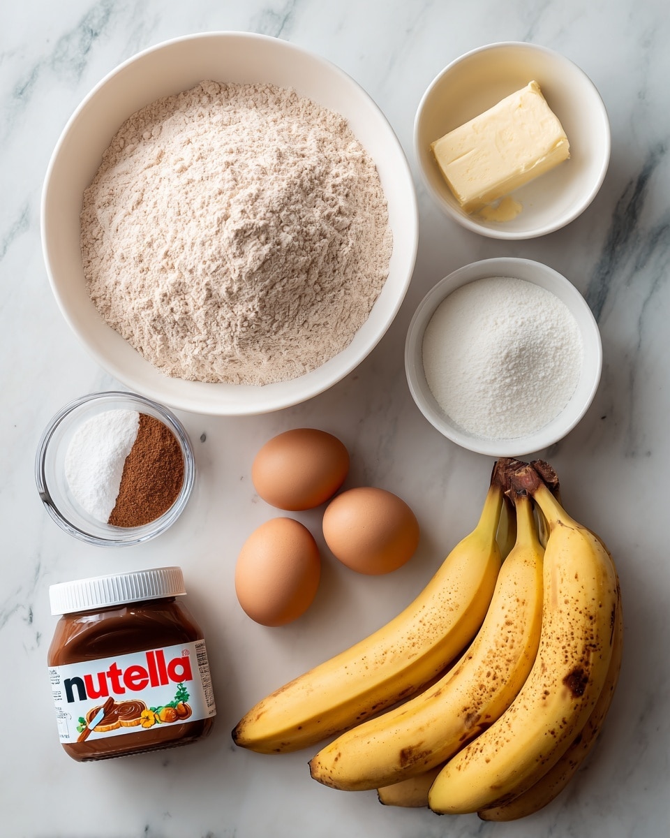 The image shows six cooking ingredients arranged separately on a white marbled surface. In the top center, there is a white bowl filled with a light brown powdery flour. To the right of this, a smaller white bowl contains a pale yellow softened butter. At the bottom left, there is a glass jar of Nutella with a white lid and label. Next to it, there is a small glass bowl holding two white powders and a brown powder, likely baking soda, baking powder, and cinnamon. Centered below the flour, two brown eggs rest on the surface. On the bottom right, a cluster of three ripe yellow bananas with brown spots lies close together. Photo taken with an iphone --ar 4:5 --v 7
