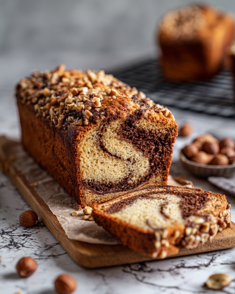 A loaf of nut-topped bread sits on a wooden board with one slice cut and lying flat. The bread inside has a light brown color with darker swirls of chocolate or cinnamon running through it. The top is covered with crushed nuts giving a crunchy texture. Whole and chopped nuts are scattered around the board. Another whole loaf is visible blurred in the background on a black cooling rack. The surface under the board has a white marbled texture. The photo taken with an iphone --ar 4:5 --v 7