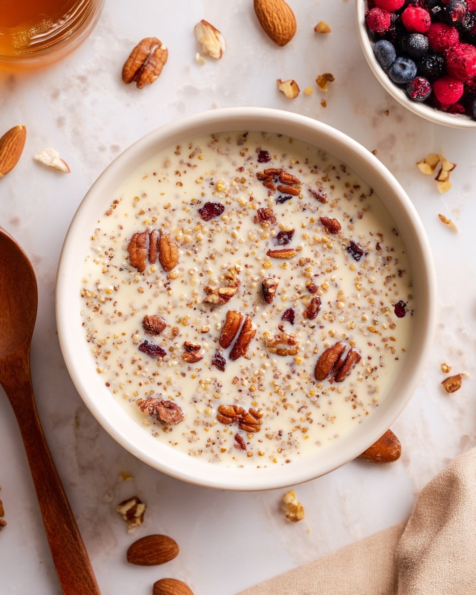 A white bowl filled with a creamy mixture of small round grains in a light beige color, sitting in a pool of thin milk or cream. On top, there are chunks of medium brown nuts scattered unevenly. The bowl is placed on a white marbled surface with pieces of nuts and dried fruit around it. A wooden spoon is on the left side and a white bowl with colorful berries and fruit is blurred in the background. Photo taken with an iphone --ar 4:5 --v 7