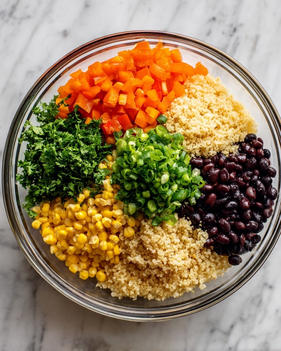 A clear glass bowl contains five separate layers of food ingredients arranged side by side. Starting from the top and moving clockwise, there are bright orange chopped bell peppers, light beige cooked grains, finely chopped green onions, yellow corn kernels, and dark brown black beans. Fresh green leafy parsley sits on top of the black beans. The bowl sits on a white marbled surface. photo taken with an iphone --ar 4:5 --v 7