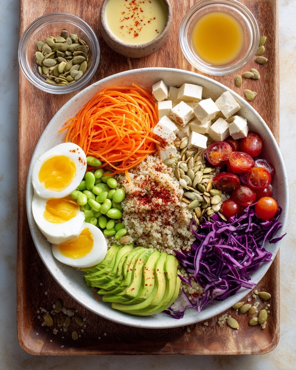 A large white bowl sits on a wooden tray with a white marbled surface beneath it, filled with colorful, fresh ingredients arranged in layers. There are two halved boiled eggs with bright yellow yolks on opposite sides of the bowl. In one section, thin orange carrot strips form a vibrant layer. Next to it, bright green edamame beans fill another section. Sliced red cherry tomatoes sit alongside the edamame. Shredded purple cabbage adds a deep color near the top of the bowl, while diced beige tofu cubes are placed beside it. Creamy green avocado slices are fanned out neatly and lightly sprinkled with a red spice in the center. A pile of roasted pumpkin seeds sits prominently in the middle, with thin white onion slices scattered nearby. Light quinoa fills small spaces between other items, making a textured base. Two small clear bowls with dressing and extra pumpkin seeds rest on the tray in the background. Photo taken with an iphone --ar 4:5 --v 7