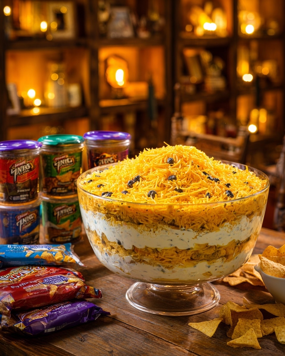 A large clear glass bowl filled with multiple layers of a creamy layered dip visible through the glass, showing a base of white creamy layer, followed by a top mix of yellow shredded cheese with small black bits scattered throughout. The bowl is placed on a wooden table inside a warmly lit rustic room with wooden shelves and warm yellow lighting in the background. Surrounding the bowl on the table are various colorful dip ingredient jars and packets including sour cream, cheese, spices, and a white container of Fritos chips. The photo has a cozy feel with warm brown and golden tones. Photo taken with an iphone --ar 4:5 --v 7