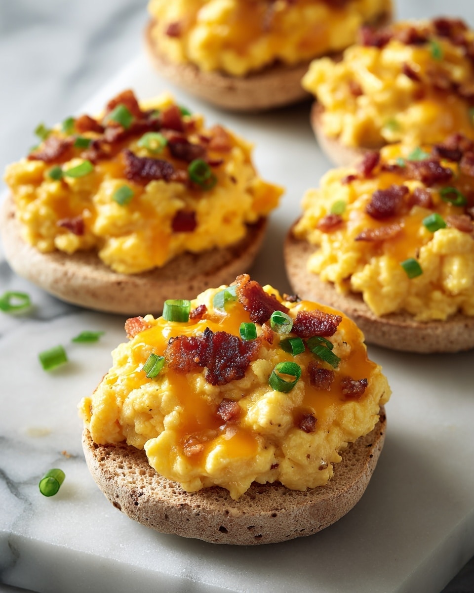 The image shows a white marbled surface holding several small breakfast sandwiches. Each sandwich has three layers: the base is a round, whole grain English muffin with a textured, brown crust; on top of this sits a thick layer of soft, yellow scrambled eggs mixed with melted cheddar cheese, visible as bright orange patches; scattered on the eggs are small pieces of crispy, reddish-brown bacon and finely chopped green onions, adding pops of deep red and fresh green. The sandwiches are arranged with a shallow depth of field, keeping the front sandwich sharply in focus while the others gently blur in the background. Photo taken with an iphone --ar 4:5 --v 7