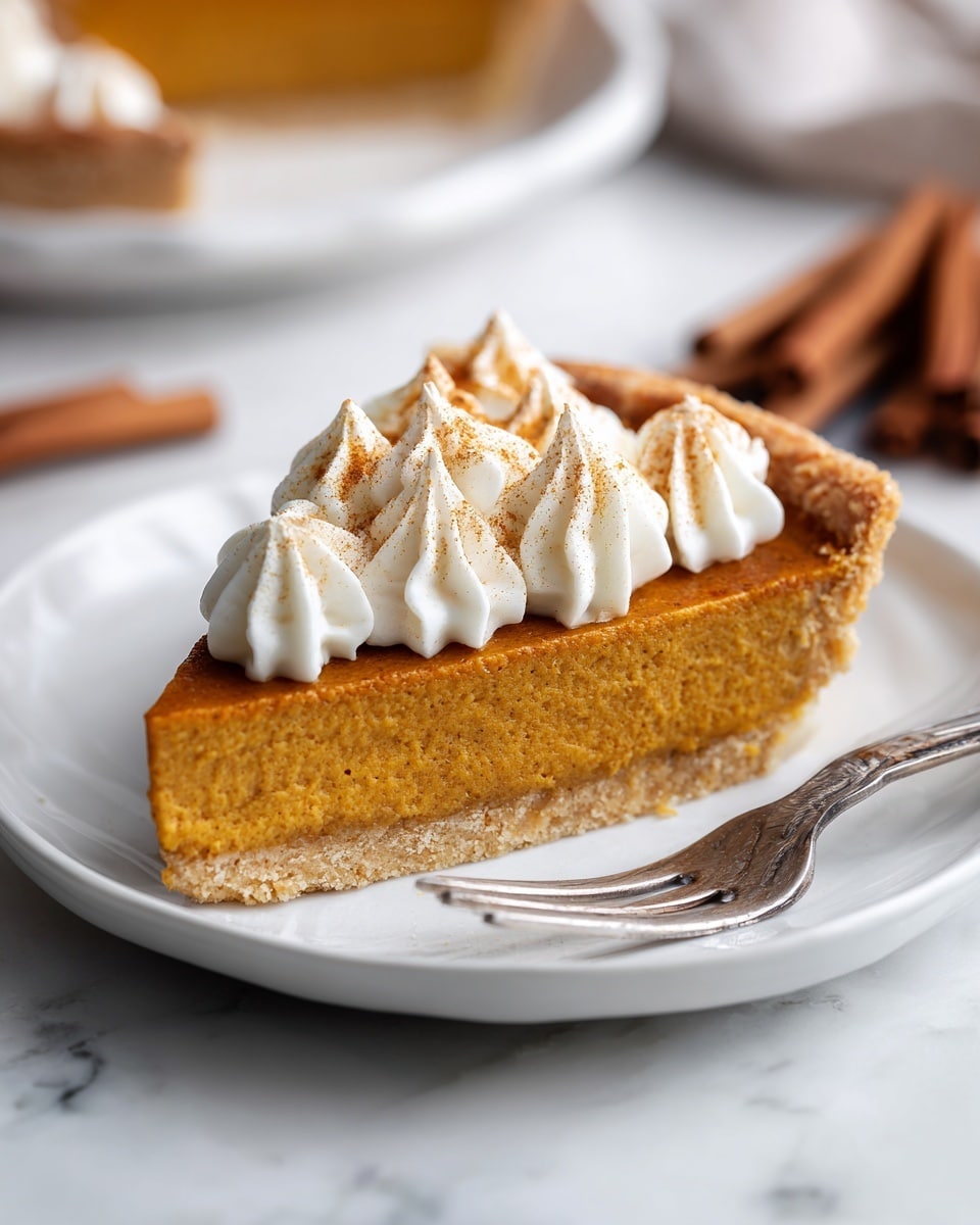 A single slice of orange pumpkin pie sits on a white plate, with a smooth, dense pumpkin filling layer topped by a thin, golden-brown crust around the edge. On top of the filling is a dollop of white whipped cream with light brown toasted swirls. The plate is on a white marbled surface, with a fork and cinnamon sticks blurred in the background. Photo taken with an iphone --ar 4:5 --v 7