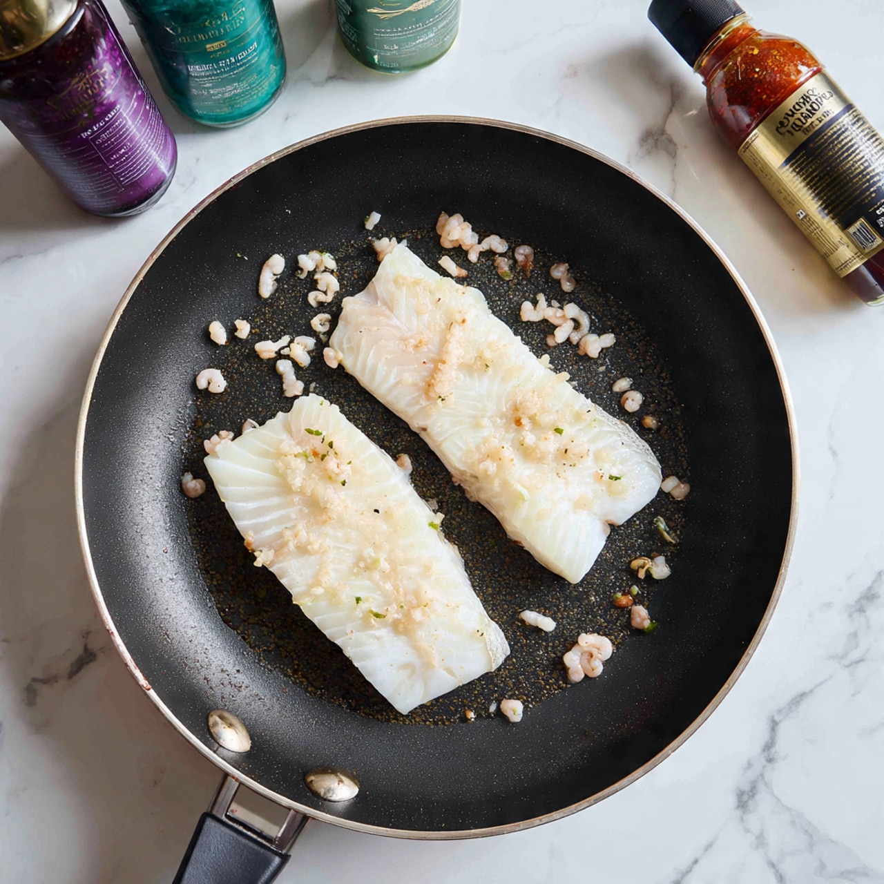 The image shows a frying pan on a stove with two pieces of white fish fillets placed next to each other in the pan. On top of and around the fish fillets, there is a layer of small, pale pink shrimp scattered evenly. The background has some bottles of sauces visible behind the pan. The surface underneath the pan is a white marbled texture. Photo taken with an iphone --ar 4:5 --v 7