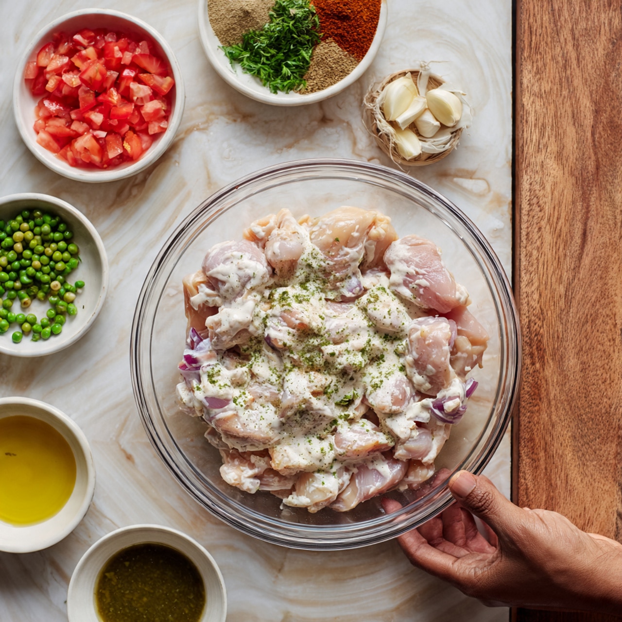 The image shows a clear glass dish filled with raw chicken pieces, marinated with white creamy sauce on a wooden table with a white marbled texture. Around the dish, there are small white bowls holding finely chopped red tomatoes, chopped green peas, chopped green herbs, brown spices, chopped onions, three garlic cloves, a small bowl of oil, and a small bowl of green sauce. A woman's hand can be seen holding a clear glass lid near the dish. Photo taken with an iphone --ar 4:5 --v 7