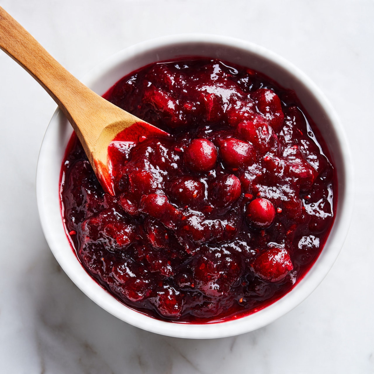 A white bowl filled with a thick, chunky, deep red cranberry sauce that looks glossy and wet, with visible whole cranberries and small pieces throughout. A wooden spoon rests inside the bowl on the left side, partially covered by the sauce. The bowl sits on a white marbled surface, giving a clean and bright background. Photo taken with an iphone 1:1