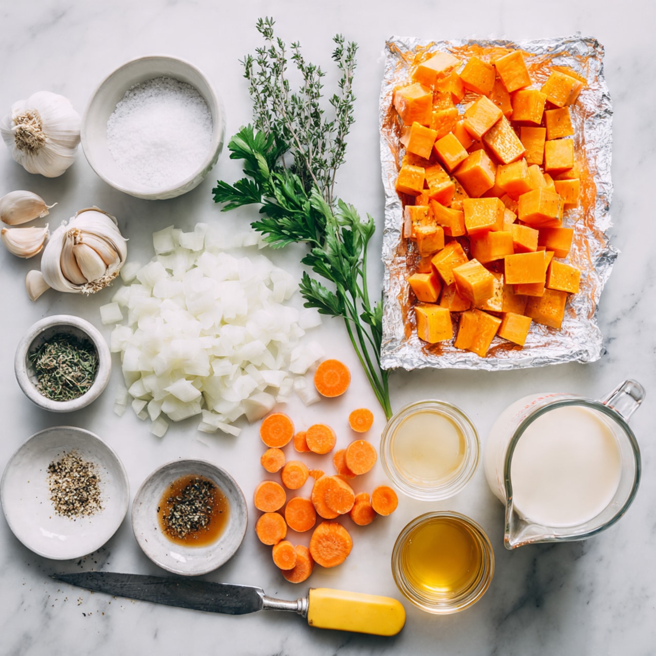 The image shows a white marbled surface with various fresh ingredients arranged neatly. On the left, there are whole garlic cloves and peeled garlic pieces, a small white bowl filled with white salt, and a halved white onion beside chopped white onion cubes. In the center, orange carrot chunks and slices are spread out with some parsley sprigs placed nearby. Above the carrots, there are green herb sprigs, a small white bowl of honey with a bit spilled out, and a small dish of black pepper. On the right side, a white tray covered with foil is filled with roasted orange cubed squash. Next to the tray, two clear measuring cups hold a white liquid, possibly cream, and a pale yellow liquid, with a clear jar of broth or stock below them. A yellow vegetable peeler lies near the carrots. The entire composition looks fresh and colorful with a clean, bright look. Photo taken with an iphone --ar 4:5 --v 7
