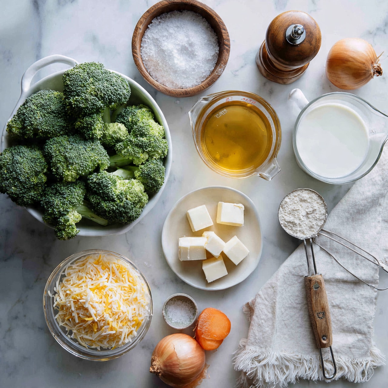 A flat lay image showing fresh cooking ingredients arranged on a white marbled surface: a large white bowl filled with fresh green broccoli florets in the center left, to its top left a wooden bowl with coarse white salt, and a wooden pepper grinder above it. To the right side, there is a clear glass measuring cup with golden broth, placed above a smaller clear measuring cup filled with white milk. Below the milk cup, a small white bowl holds neatly cut cubes of butter. A whole carrot lies horizontally in the middle, next to a whole yellow onion. In the bottom left corner, a clear glass bowl is heaped with shredded cheese, and above it a small white dish contains a single whole nutmeg. A metal measuring cup with white flour and a wooden handle lies next to a white cloth with frayed edges on the right side. The background is soft and bright with natural light. photo taken with an iphone --ar 4:5 --v 7