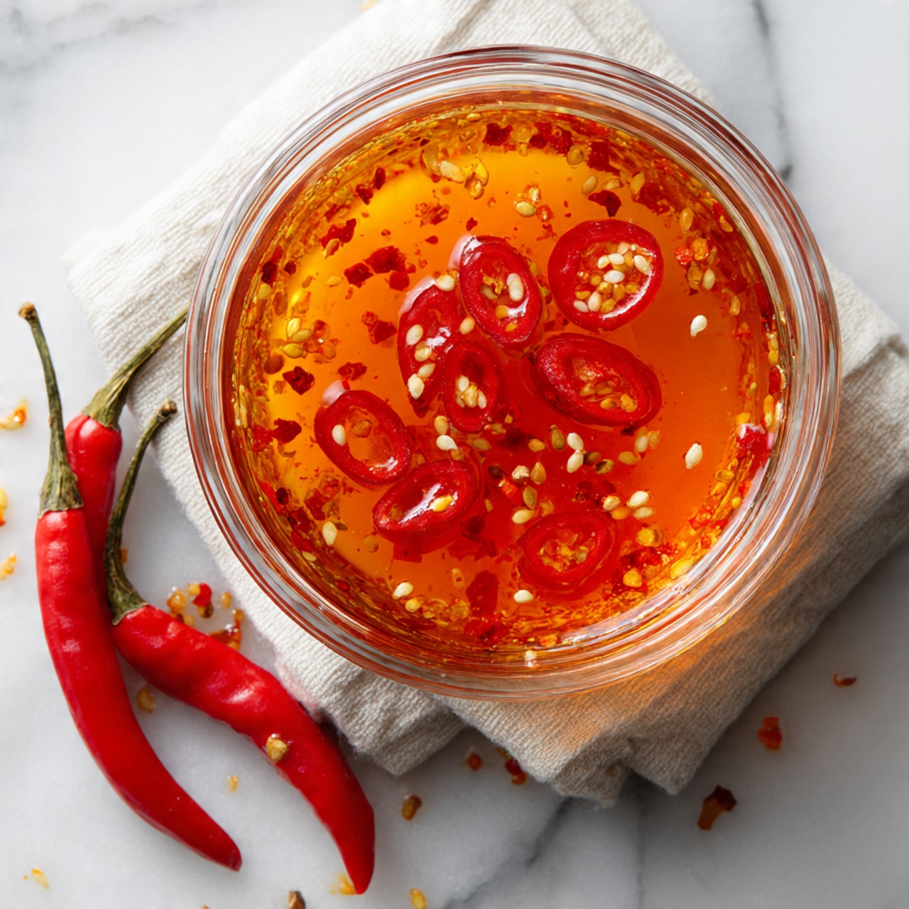 A clear glass bowl sits on a white marbled surface with a light cream cloth nearby. Inside the bowl are several slices of red chili pepper floating in a shiny, orange-red oil mixed with chili flakes and seeds, giving a spicy and oily texture. Two whole red chili peppers rest on the surface beside the bowl, along with three chili pepper rings showing their bright red color and white seeds. The overall image shows a simple, spicy chili oil preparation. photo taken with an iphone --ar 4:5 --v 7