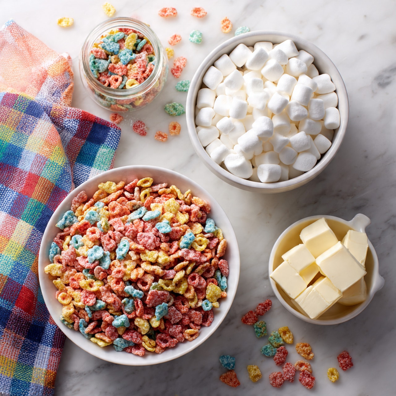 A white bowl filled with colorful, crunchy cereal pieces sits on a white marbled surface. Next to it, there is a white bowl filled with small white marshmallows. A small amount of marshmallows and cereal pieces are scattered around the bowls. Near the bowls, there is some soft butter in a white butter dish with a lid. On the left side, part of a colorful checkered cloth is visible against the white marbled surface. photo taken with an iphone --ar 4:5 --v 7