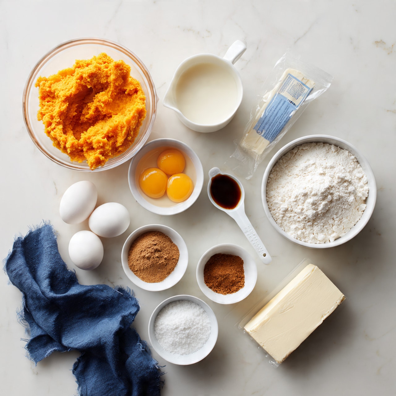 The image shows several small white bowls and white measuring cups placed on a white marbled surface. There is one clear round bowl filled with bright orange mashed pumpkin. Near it, a white measuring cup holds a light beige liquid, likely milk. Two cracked eggs with yellow yolks sit in a white bowl. A white measuring cup contains a white powder, probably sugar or flour, while another holds a white granulated substance. A small white bowl has three kinds of brown spices mixed inside. A packet of white cream cheese is unwrapped and placed flat on the surface. A small white measuring spoon with a dark brown liquid is visible next to a crinkled navy blue cloth in the corner. The scene is bright and clean. photo taken with an iphone --1:1