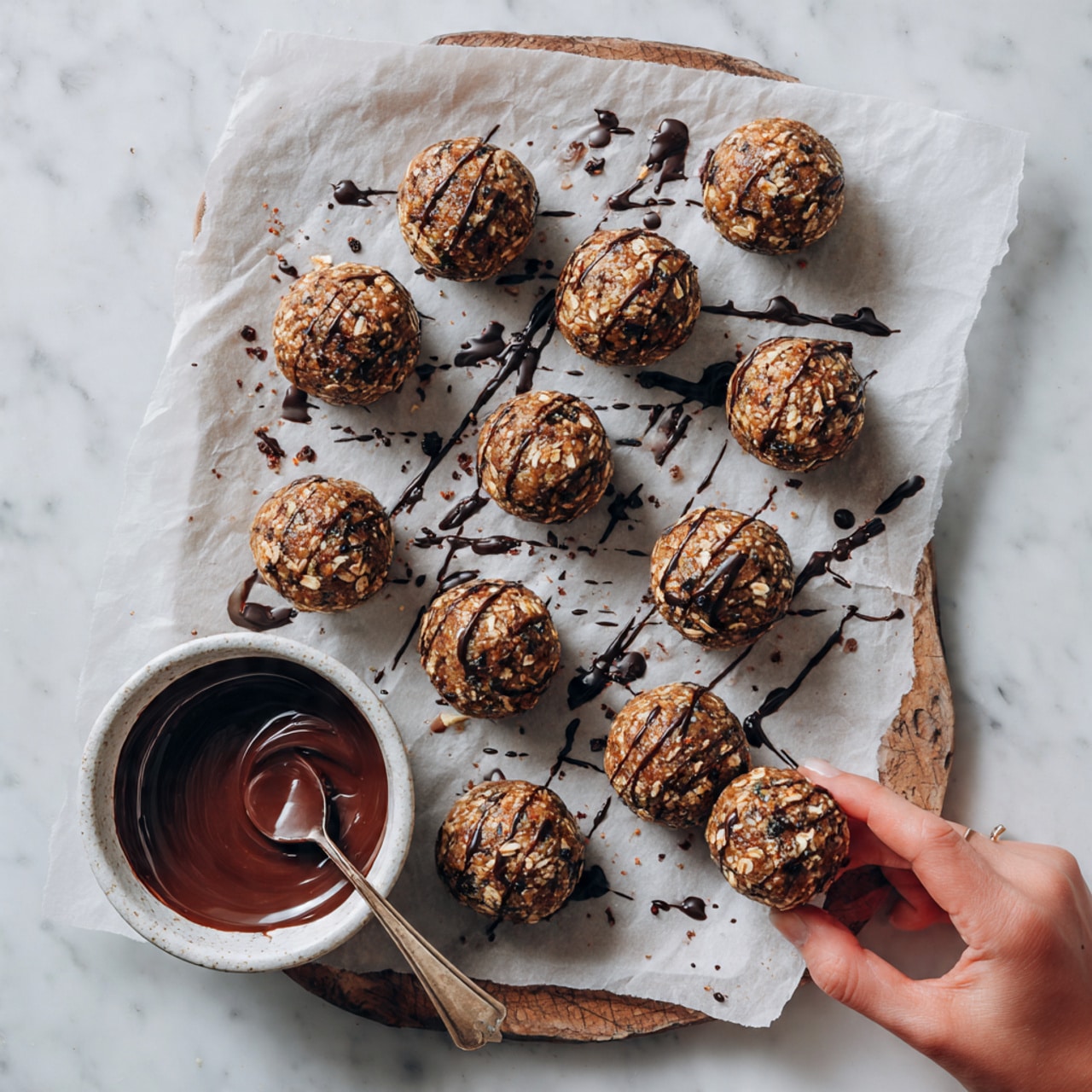 The image shows thirteen round energy balls arranged on a sheet of parchment paper, each brown with visible bits of oats and dried fruit inside, giving them a textured look. Thin drizzles and small drops of dark chocolate are scattered randomly across the parchment, adding detail and contrast. A white bowl filled with melted dark chocolate sits on the bottom left corner, with traces of chocolate on its rim. A woman's hand is holding a fork near the lower right side, reaching toward one of the energy balls. The surface underneath has a white marbled texture. photo taken with an iphone --ar 4:5 --v 7