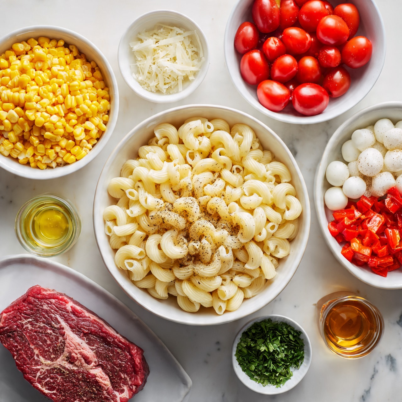 The image shows a white large bowl filled with pale curly pasta in the center, surrounded by smaller white bowls holding bright ingredients: red quartered cherry tomatoes at the top, yellow grilled corn kernels to the left, small white mozzarella balls below the corn, and chopped roasted red peppers below the mozzarella. Nearby, a white plate displays a thick, marbled piece of raw red meat seasoned with salt and pepper. Around the main bowls are small dishes with finely chopped shallots, minced garlic, chopped green herbs, lemon halves, and two small glass containers with golden and reddish liquids. All items rest on a white marbled surface. Photo taken with an iphone --ar 4:5 --v 7