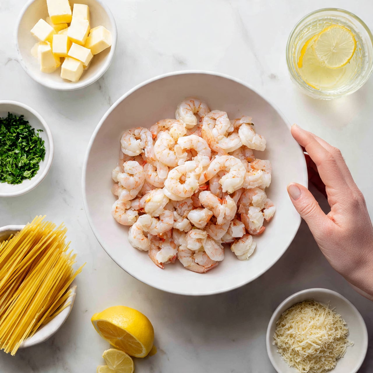 The image shows a white bowl filled with small, peeled shrimp, placed in the center on a white marbled surface. Around the bowl, there are several small white dishes: one contains cubed butter, another holds uncooked spaghetti, a small bowl has chopped green herbs, and two others have different minced ingredients—one light beige and one yellow. There is also a glass cup with a light yellow liquid and some lemon wedges on the side. A woman's hand is reaching towards the shrimp bowl. Photo taken with an iphone --ar 4:5 --v 7