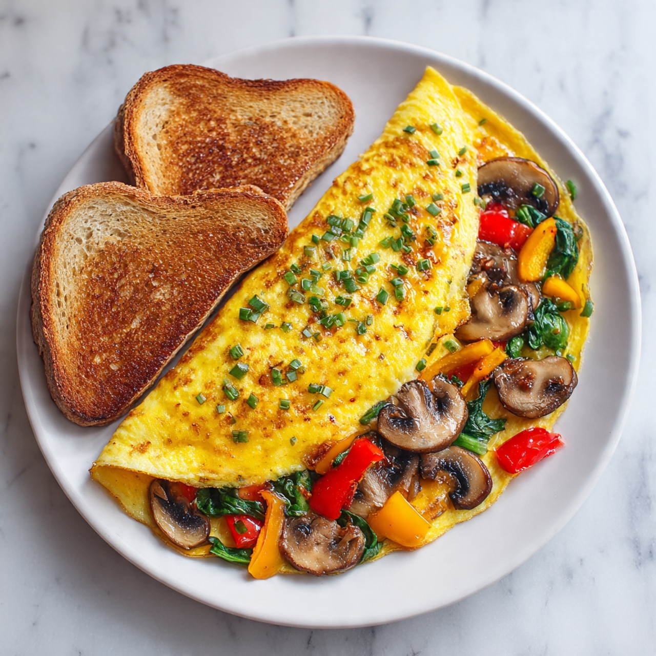 The image shows a folded omelet on a white plate, with a golden-yellow top layer sprinkled with small green herbs. Underneath this layer, you can see sliced brown mushrooms, red and yellow bell pepper pieces, and green spinach leaves, creating a colorful, textured filling spread evenly across one side of the omelet. Beside the omelet, there are two toasted slices of bread with a warm brown color and a slightly crispy texture. The plate sits on a white marbled surface, and the photo is taken with an iphone --ar 4:5 --v 7