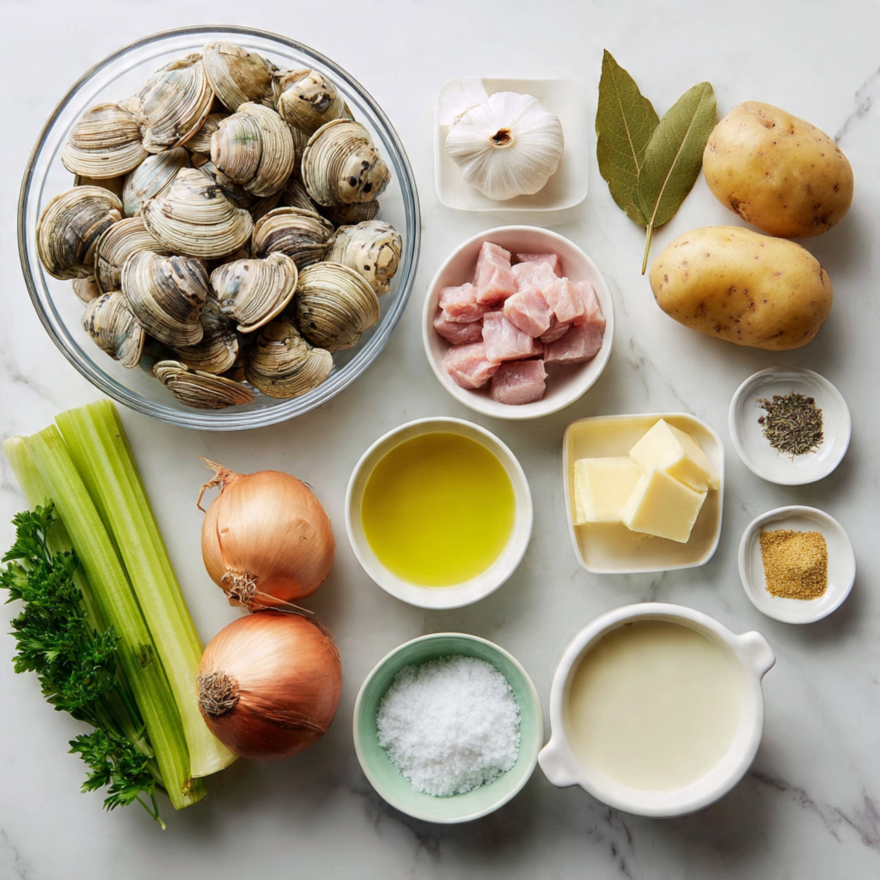 The image shows various ingredients neatly placed on a white marbled surface. There is one large clear glass bowl filled with many clams that are light beige with dark spots. Next to it are smaller white bowls containing light pink raw pork pieces, light yellow butter, and white flour. There is a small glass bowl with light yellow oil and a light green bowl filled with creamy white liquid. Fresh vegetables include two light brown potatoes, a golden brown onion with roots, a green celery stalk, a small bunch of bright green parsley, and a white garlic clove. Small white dishes hold white salt, black pepper, and bay leaves with small green herbs. A golden cube seasoning is placed near the parsley. The arrangement is simple and clean, with all items clearly visible. Photo taken with an iphone --ar 4:5 --v 7