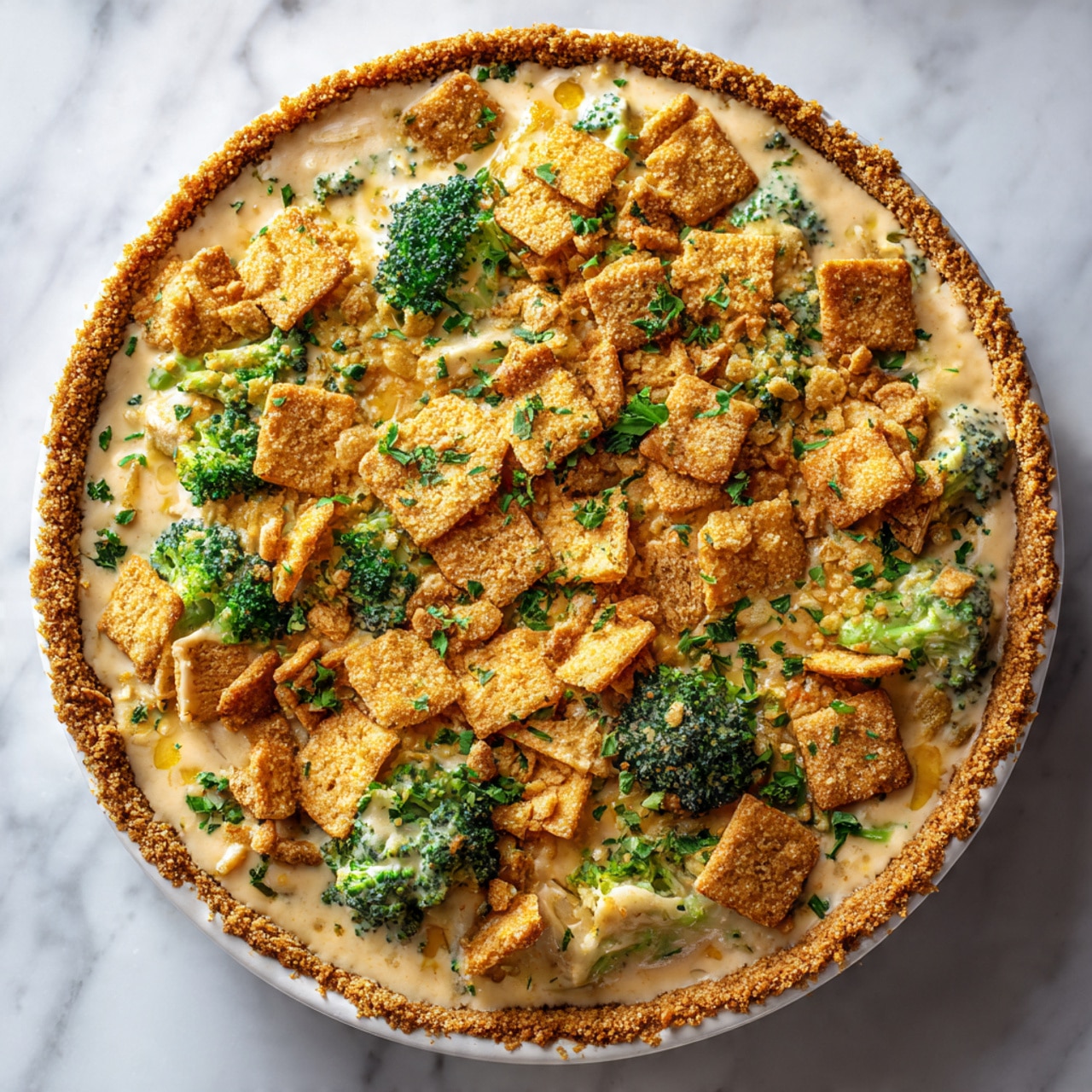 The image shows a close-up of a pie with a thick, creamy beige sauce mixed with green broccoli florets as the bottom layer, covered by a golden-brown, crunchy topping made of large and small cracker pieces scattered unevenly. Bright green chopped herbs are sprinkled over the top, adding color contrast. The pie crust edges are visible around the circle, and the dish is placed on a white marbled surface. photo taken with an iphone --ar 4:5 --v 7