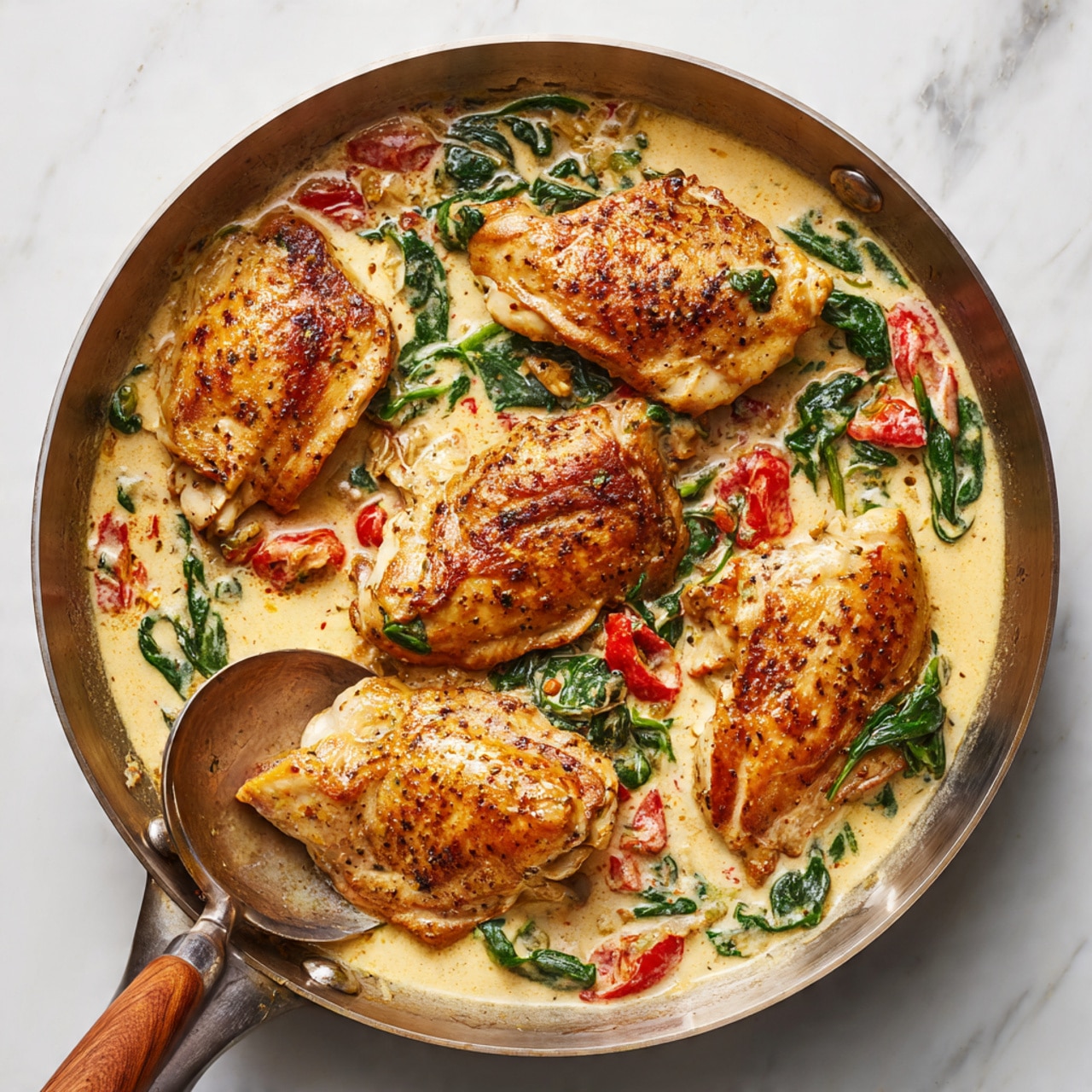 The image shows a pan filled with five pieces of golden-brown cooked chicken sitting in a thick creamy sauce. The sauce is light beige with visible green spinach leaves and small bits of red tomatoes all mixed in. A spoon with a wooden handle is lying in the pan, partially covered by the sauce and chicken. The pan is placed on a white marbled surface, enhancing the warm colors of the dish. photo taken with an iphone --ar 4:5 --v 7
