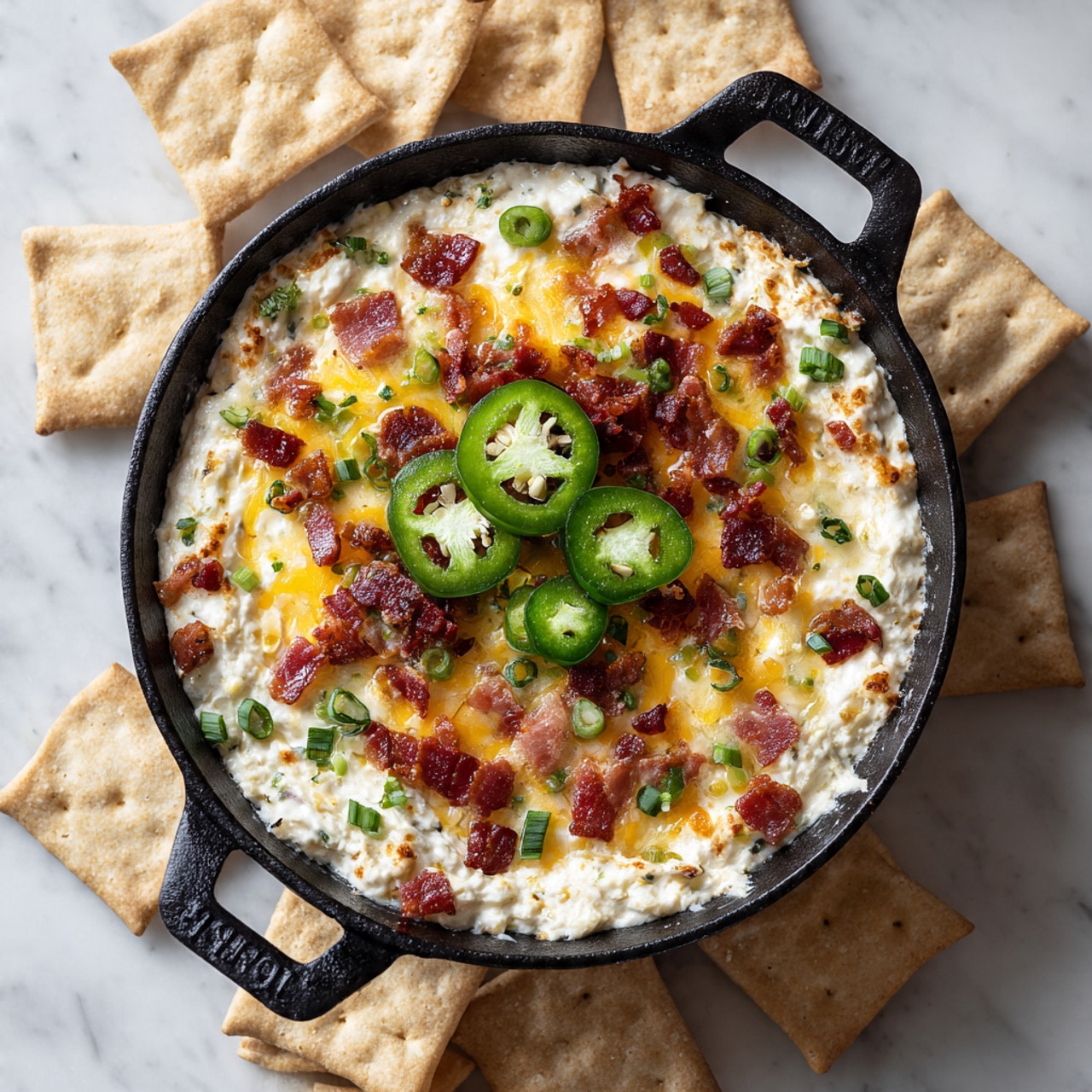 A black cast iron skillet filled with a creamy white dip that has melted yellow cheese forming a gooey layer on top. There are small pieces of red bacon and green chopped scallions spread evenly over the cheese. Slices of green jalapeño peppers are placed on top, adding a touch of bright green color. Around the skillet, there are light beige triangular crackers arranged neatly on a white marbled surface. The whole scene looks cozy and inviting. photo taken with an iphone --ar 4:5 --v 7