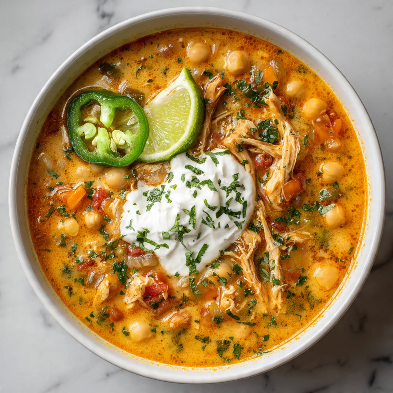 A close-up of a creamy soup in a white bowl shows 3 layers: the bottom layer is an orange creamy broth with small chunks of white chickpeas and shredded light brown chicken pieces mixed with bits of green and red vegetables. The middle layer has a dollop of white sour cream topped with bright green chopped herbs scattered around. The top layer features two bright green jalapeño slices and a thin yellow lime slice placed near the sour cream. The bowl is set on a white marbled surface. photo taken with an iphone --ar 4:5 --v 7