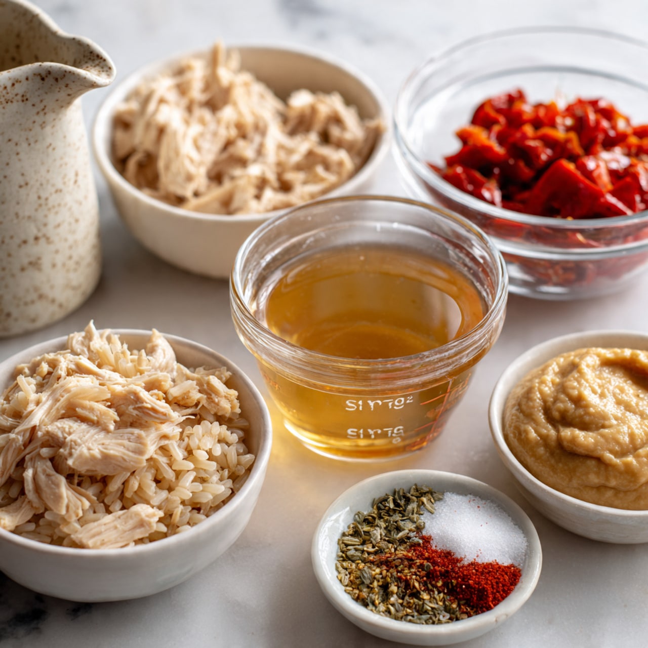 The image shows several small white bowls and a clear glass measuring cup on a white marbled surface. One bowl holds shredded light beige chicken pieces, another is filled with slightly shiny red roasted peppers, and another contains smooth beige hummus spread evenly. A smaller bowl has green and red spices on top of white salt. The measuring cup contains a light brown, translucent broth. Near the bottom, there is a white bowl with cooked brown rice grains. A speckled white pitcher is partly visible on the left side of the scene. photo taken with an iphone --ar 4:5 --v 7