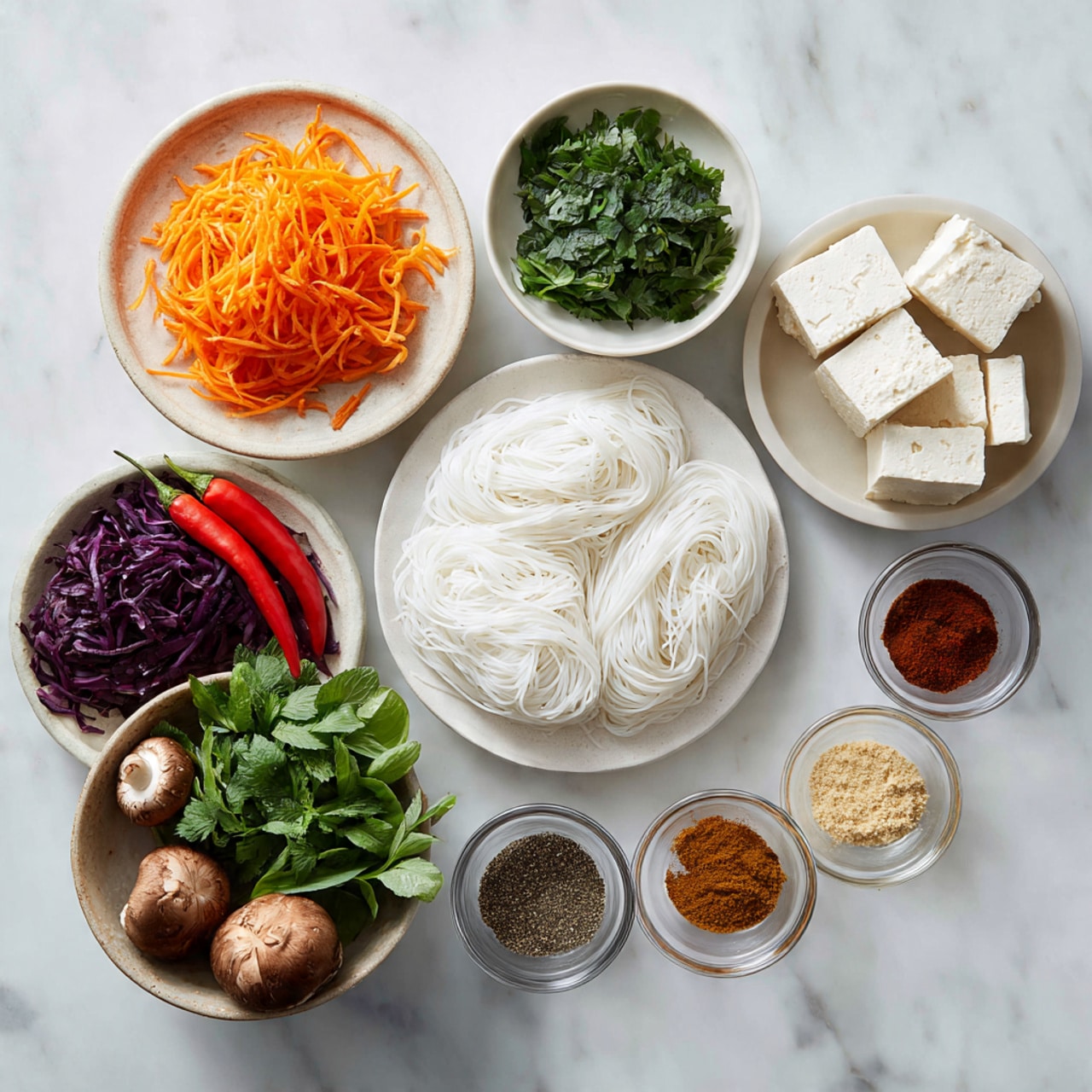 The image shows ingredients arranged neatly on a white marbled surface. There is a white round plate with clear rice noodles folded inside, a small white bowl with chopped fresh herbs including cilantro and purple basil, a white bowl filled with shredded bright orange carrots, and a white bowl holding blocks of light beige tofu. Nearby are three small glass bowls containing different spices: one with a reddish-brown powder, another with a dark brown powder, and the last with a golden brown powder. A larger white bowl contains fresh vegetables including whole brown mushrooms, green leafy vegetables, and two red chili peppers. The overall setup is clean and colorful, with fresh and dry ingredients clearly separated. Photo taken with an iphone --ar 4:5 --v 7