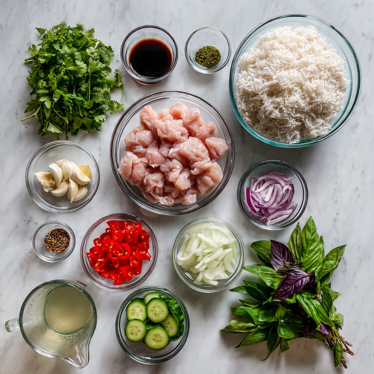 The image shows multiple clear glass bowls and small glass containers arranged neatly on a white marbled surface. In the center, there is one bowl with raw, sliced pink chicken pieces. To its right, a large bowl filled with fluffy white rice. Below the chicken bowl, there are three small glass bowls containing thinly sliced white onions, round cucumber slices, and bright red sliced bell peppers. To the left of the chicken, small containers hold peeled garlic cloves, salt, and two green chili peppers. Above the chicken bowl, there are two tiny measuring cups with dark sauces inside. On the far left, a bunch of fresh green cilantro lies spread out, and on the far right, there are two bunches of green and purple basil leaves with wooden stems. A clear measuring cup with a pale liquid is at the bottom-left. The whole scene is clean and neatly organized. photo taken with an iphone --ar 4:5 --v 7