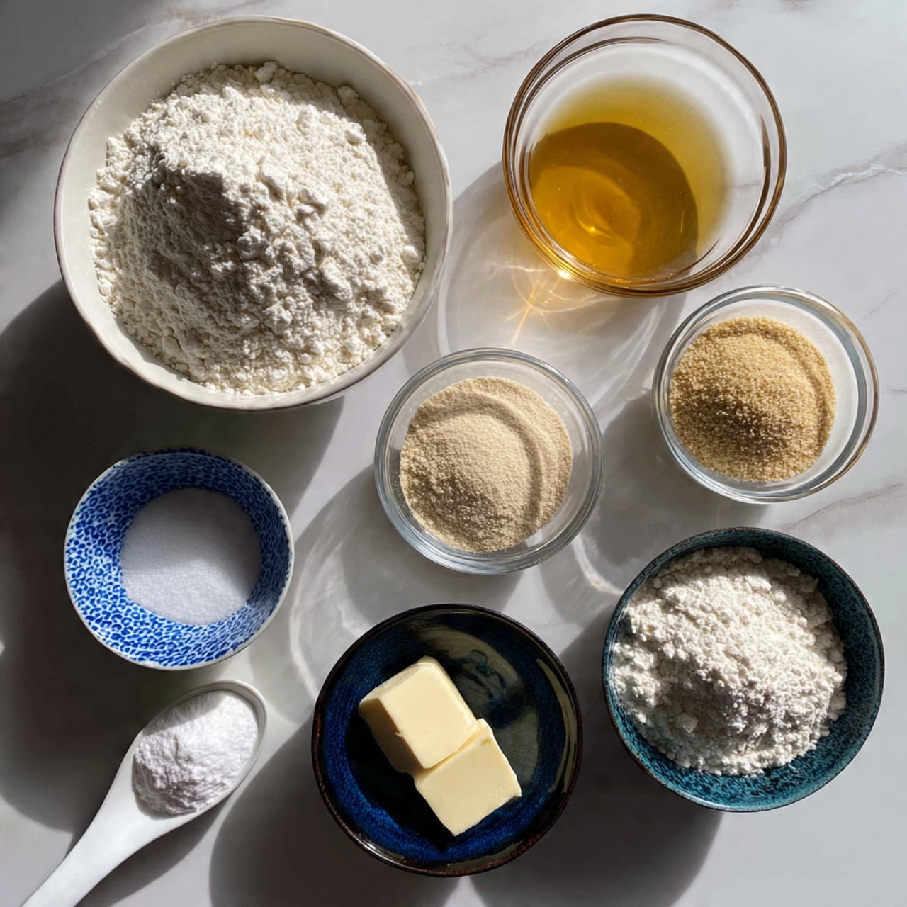 The image shows seven small bowls with various baking ingredients on a white marbled surface. At the top left is a large white bowl filled with white flour. To its right is a clear glass bowl filled with a golden liquid, likely honey or syrup. Below and slightly to the left is a small clear bowl with a white powder, probably sugar or salt. Next to it on the right is a white bowl holding light brown powder, maybe ground nuts or cinnamon. Below is a small blue patterned bowl with two small cubes of butter. To its right is a dark blue patterned bowl filled with an off-white powder, possibly yeast or baking powder. A white spoon filled with white powder lies on the marbled surface to the left. The colors and textures of the ingredients contrast well with the white marbled background. photo taken with an iphone --1:1