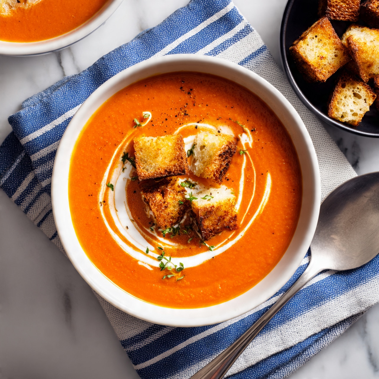 A white bowl filled with smooth, orange tomato soup covers the bottom layer. On top, there is a swirl of white cream creating a curved pattern in the middle. Scattered on the soup are several golden brown toasted bread pieces with crispy texture. Small green herb bits are sprinkled over the soup and cream, adding color contrast. The bowl is placed on a blue and white striped cloth over a white marbled surface. A silver spoon is positioned on the right side of the bowl, and a black bowl with more toasted bread pieces is seen in the top right corner. photo taken with an iphone --ar 4:5 --v 7