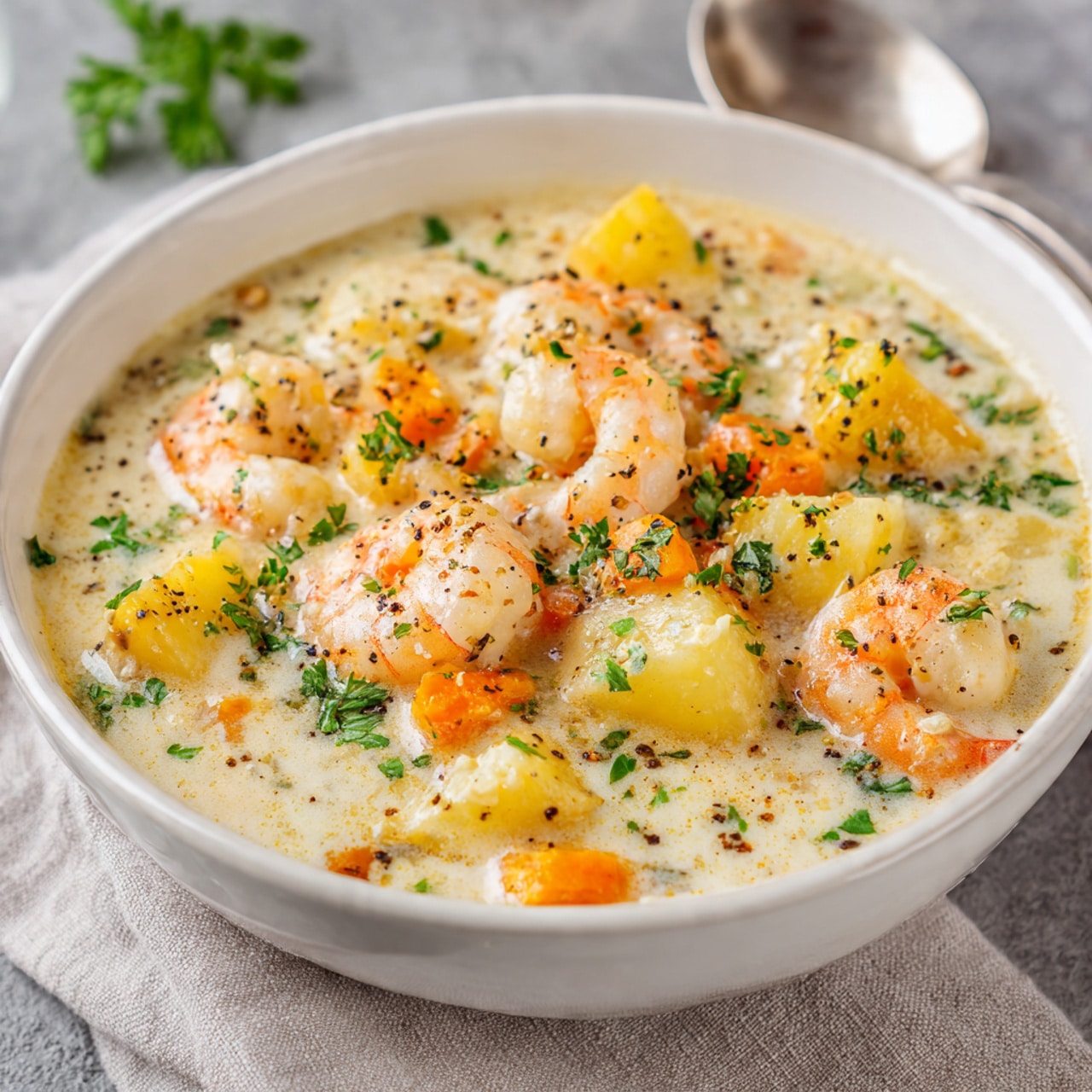 A white bowl filled with creamy light beige soup, containing multiple plump shrimp pieces that are white with bright orange accents, scattered throughout the soup. There are small chunks of tender yellow potatoes and pieces of orange carrot mixed in. The soup is sprinkled with finely chopped green herbs and a dash of black pepper, adding tiny dark specks on the surface. The bowl sits on a neutral cloth with blurred background elements. Photo taken with an iphone --ar 4:5 --v 7