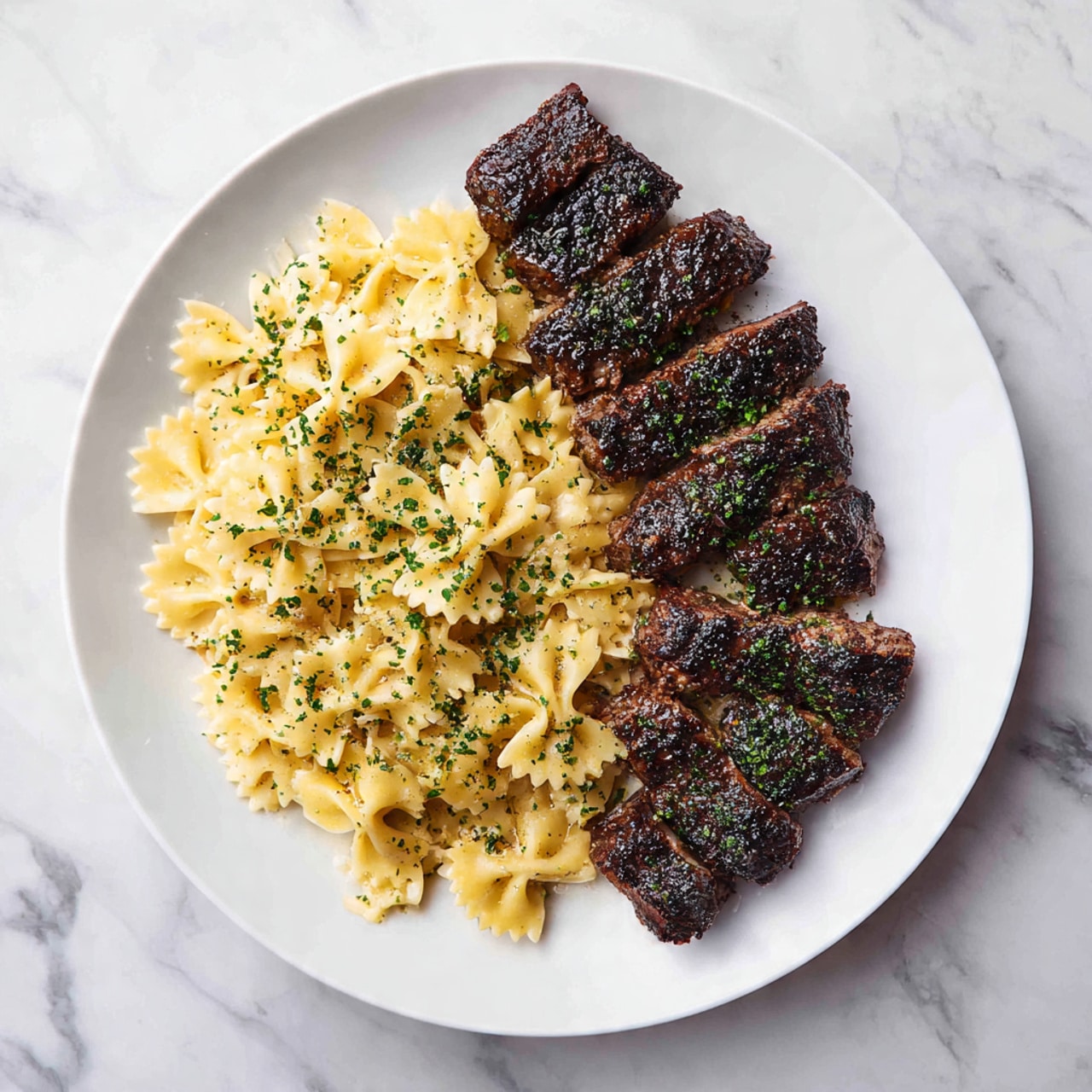 The dish is presented on a white plate placed on a white marbled surface. It has two main layers: on the left side, there is a creamy yellow pasta with bowtie shapes, topped with small green herb sprinkles. On the right side, there are several pieces of grilled meat with a dark brown, slightly charred texture, arranged neatly in a row. The overall look shows a clear separation between the light, soft pasta and the darker, rough-textured meat pieces. photo taken with an iphone --ar 4:5 --v 7