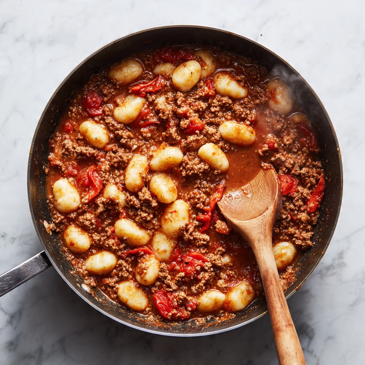The image shows a close-up of a black pan filled with a simmering brown sauce mixed with cooked ground meat and chunks of red tomatoes. There are several white pieces of gnocchi floating on top, adding a soft texture contrast. A wooden spoon with a smooth, long handle rests inside the pan, partially submerged in the sauce. The pan sits on a white marbled surface, and steam slightly rises from the hot dish, showing it is cooking. photo taken with an iphone --ar 4:5 --v 7