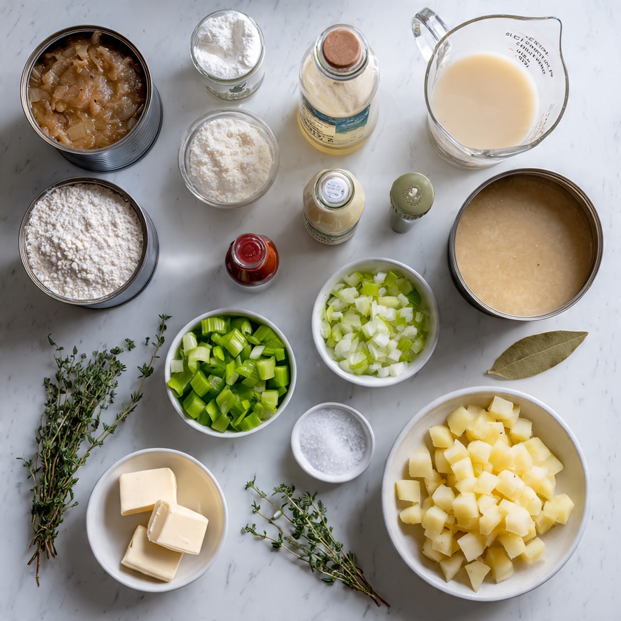 The image shows an arrangement of cooking ingredients on a white marbled surface. There are two open cans with brownish contents placed on the left middle and bottom left. Several small round bowls contain white flour, chopped white onions, chopped green celery, diced light tan potatoes, and a small dish with green parsley leaves. There are two glass measuring cups, one filled with a creamy white liquid and the other with a light yellow broth, positioned at the top left and middle right. Two small bottles with red caps are near the center, one standing upright and one lying on its side. A small round dish of white salt and a single bay leaf lie near the center. There is also a white bowl with a few pieces of cut butter at the bottom left. Two small sprigs of fresh green thyme are placed beside the broth. The ingredients are spread out neatly without overlapping. Photo taken with an iphone --ar 4:5 --v 7