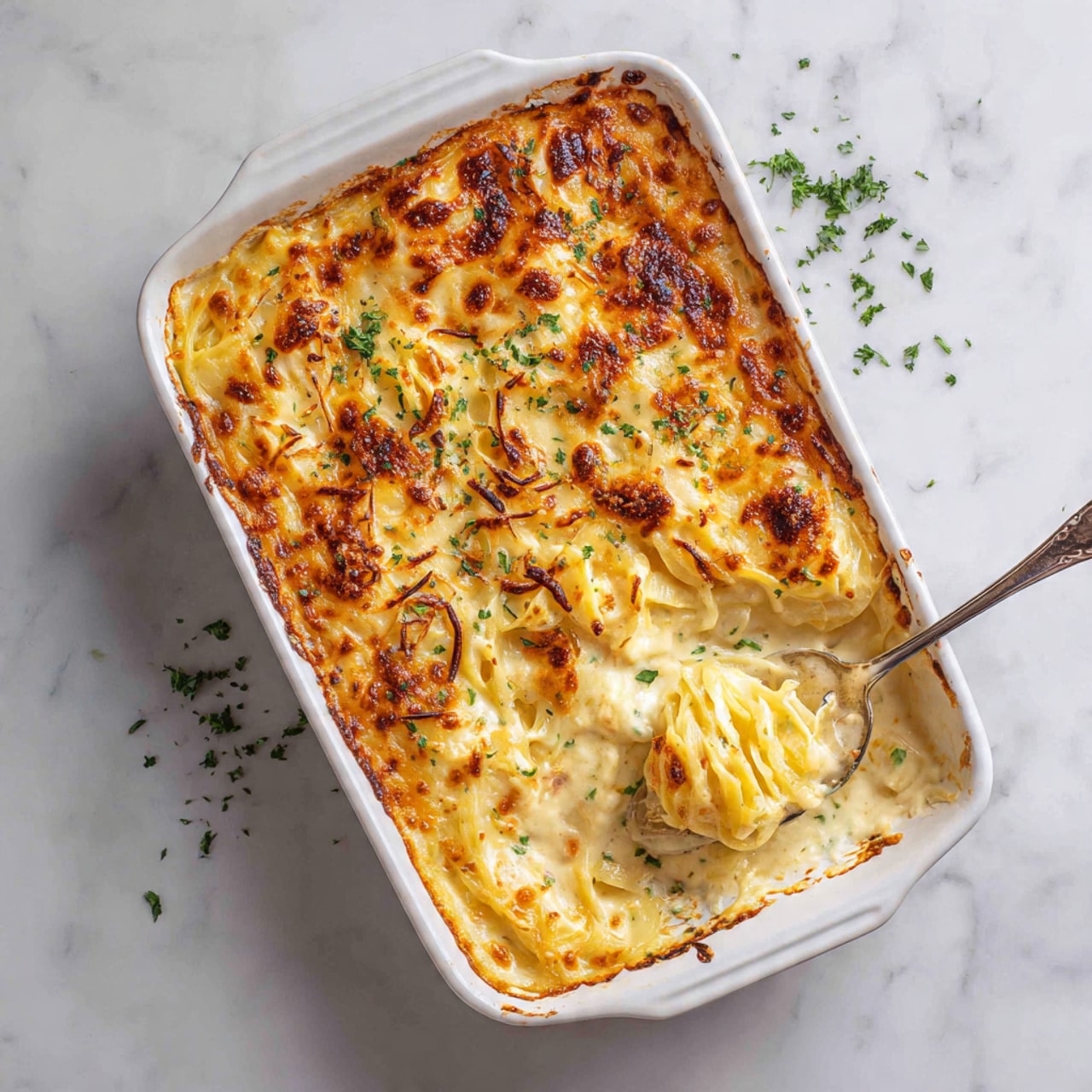The image shows a white rectangular baking dish filled with a cheesy casserole. The top layer is golden brown melted cheese with crispy browned bits scattered across. Below the cheese, there are thin yellow layers of cooked pasta or sliced vegetables, visible at the spot where a scoop is being taken out with a silver spoon. The casserole looks creamy and thick with a few green hints suggesting herbs or vegetables inside. The dish sits on a white marbled surface with some green garnishes lightly scattered nearby. Photo taken with an iphone --ar 4:5 --v 7