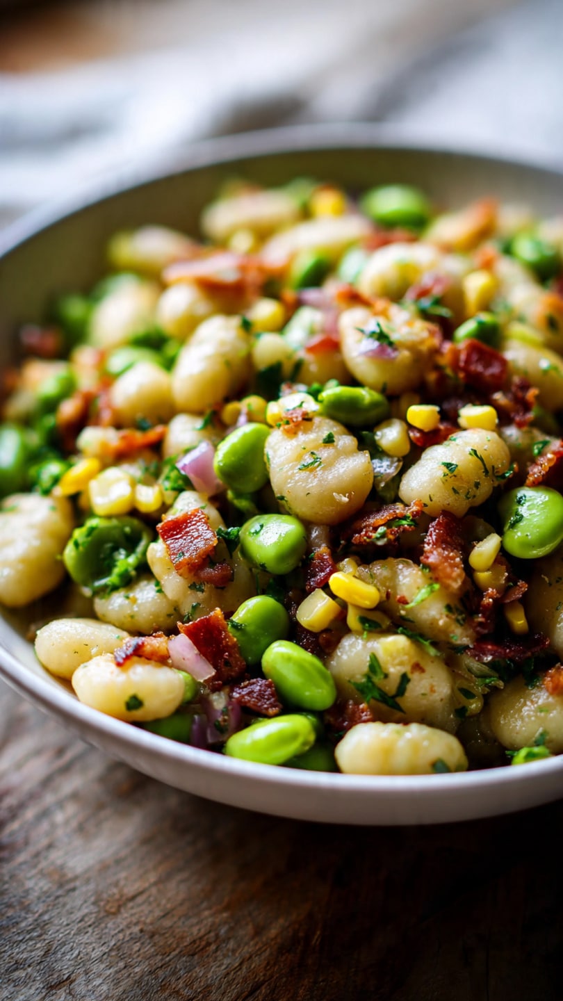 A white bowl sits on a white marbled surface filled with layers of bright yellow corn kernels, cut green okra pieces, light green lima beans, and halved red cherry tomatoes mixed with chopped leafy greens, sprinkled with black pepper. On top are scattered crispy pieces of browned bacon adding a textured and rich brown color. A wooden spoon rests inside the bowl among the ingredients, with the handle extending out to the left side. photo taken with an iphone --1:1